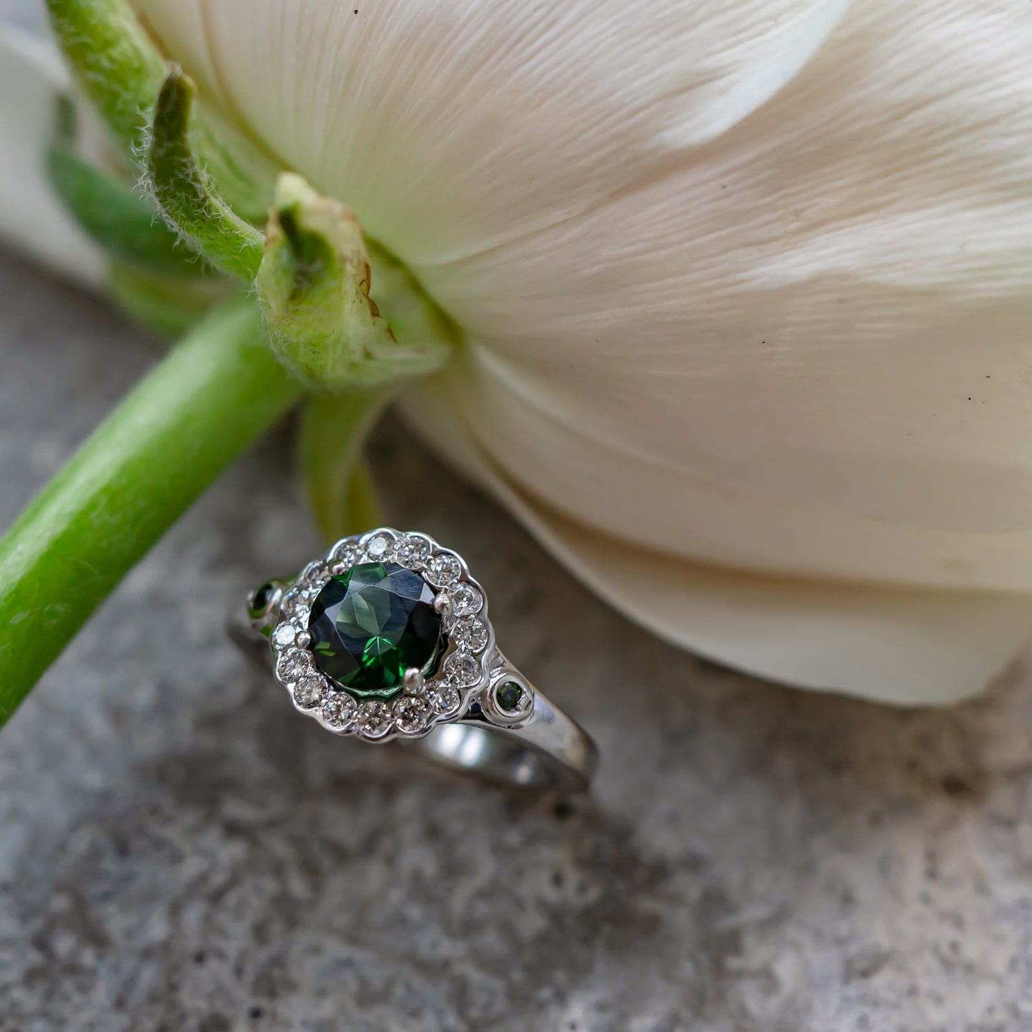 Gradient Green Tourmaline Halo Engagement Ring