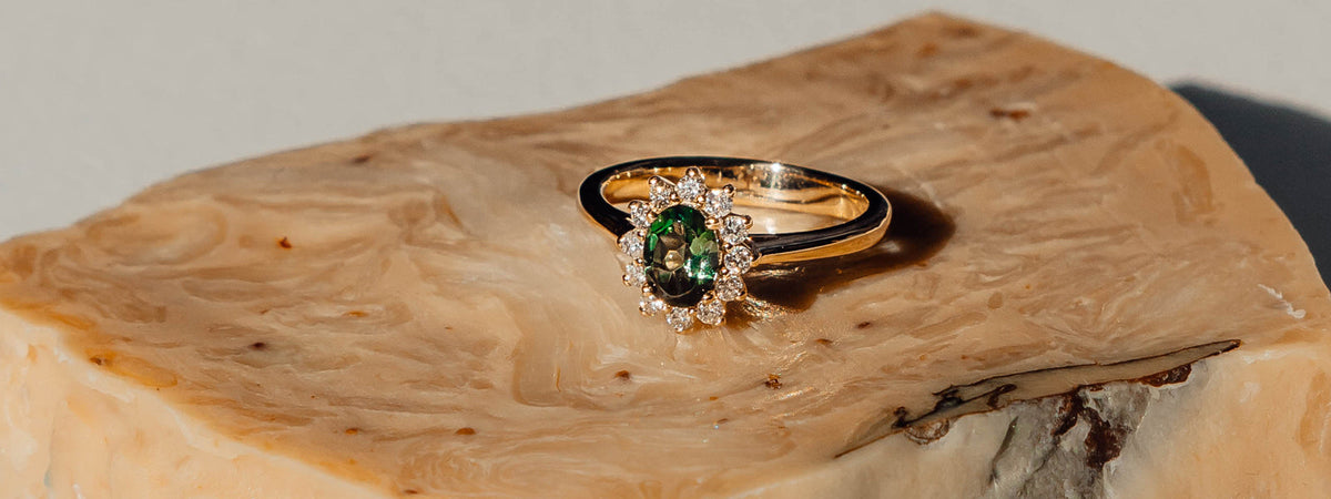 oval green tourmaline diamond halo engagement ring