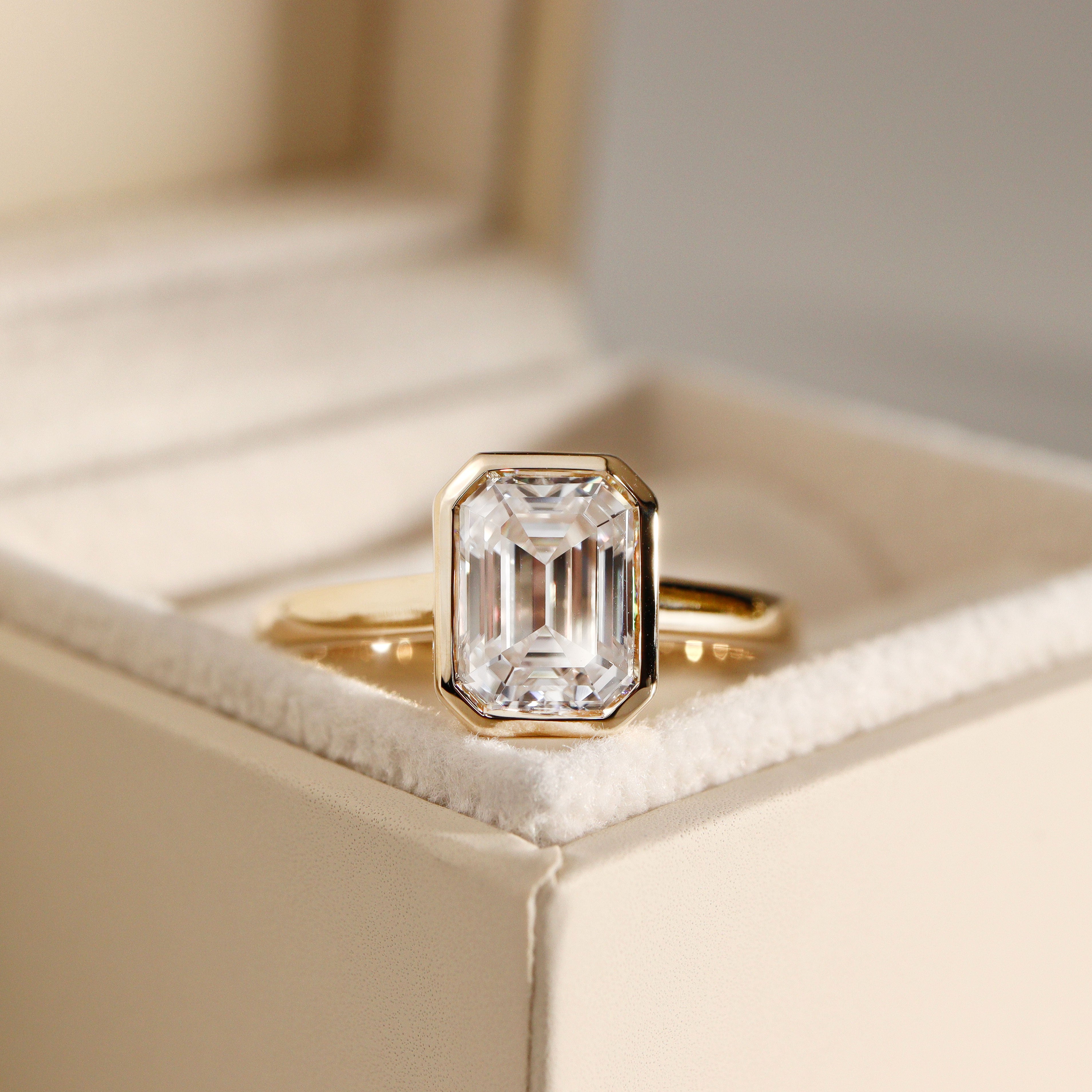 Carmen Emerald Full Bezel Engagement Ring, Moissanite/Lab Diamond