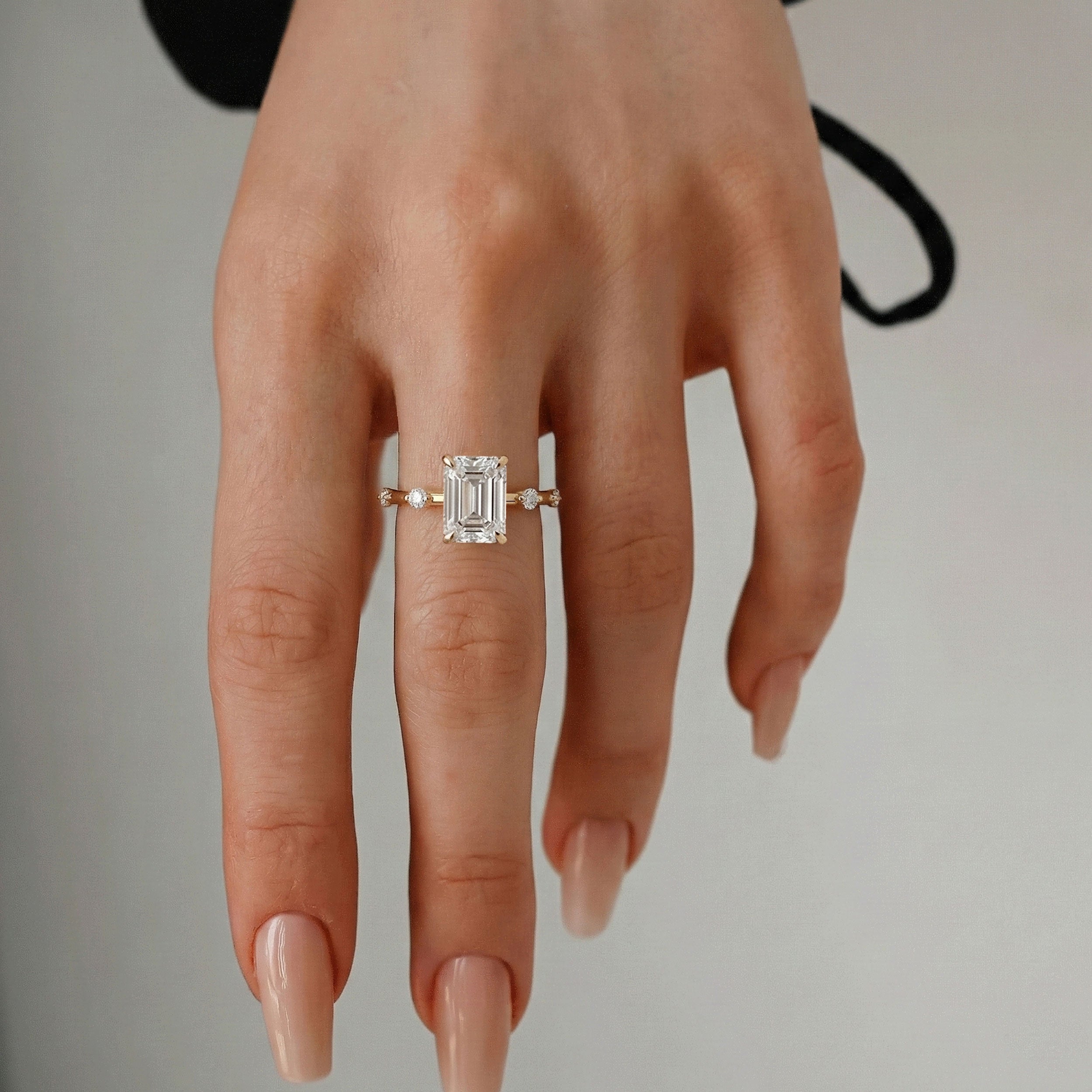 Sarah Emerald Cut Hidden Halo Engagement Ring, Moissanite/Lab Grown Diamond