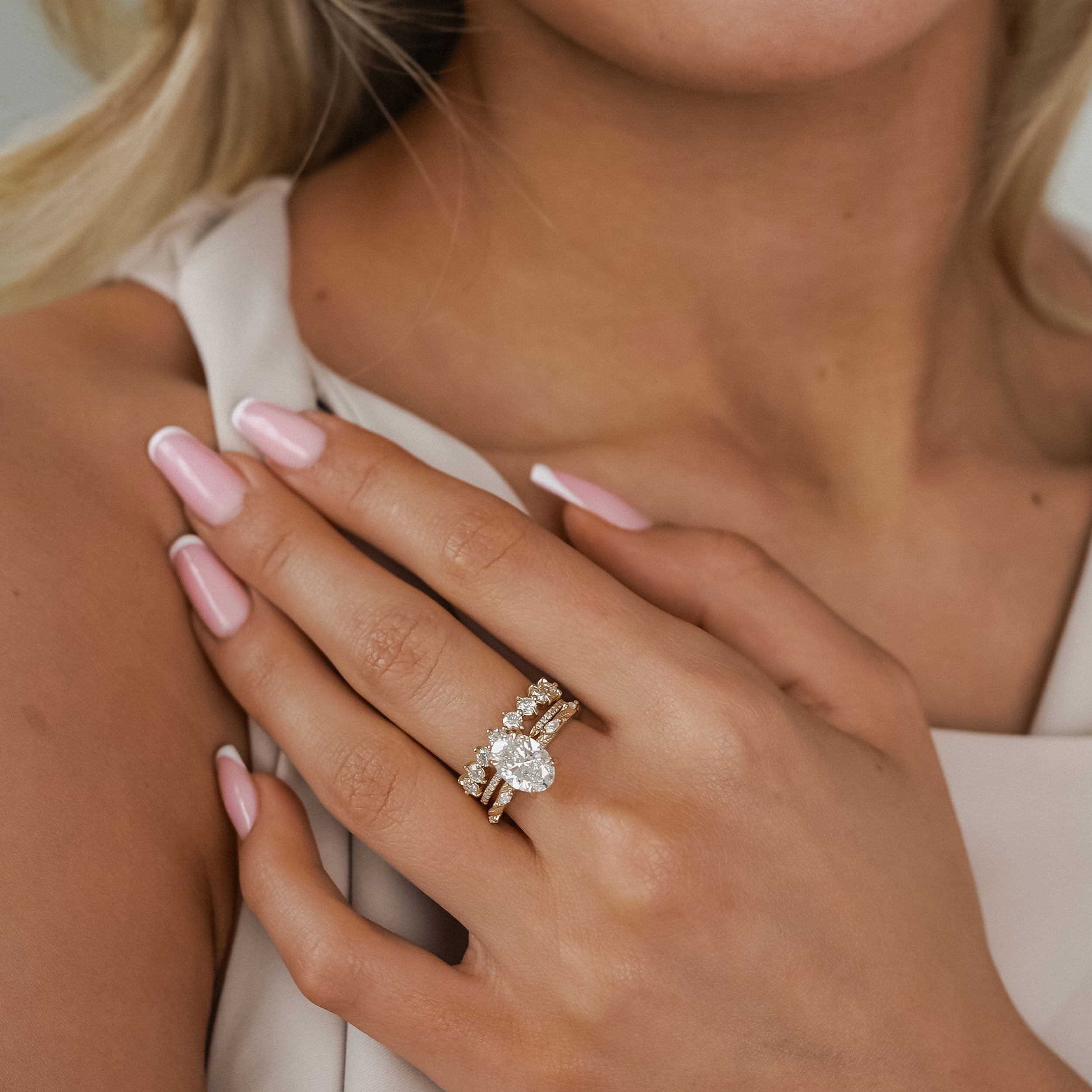 Brooke Oval Cut Leaf Hidden Halo Engagement Ring, Moissanite/Lab Grown Diamond