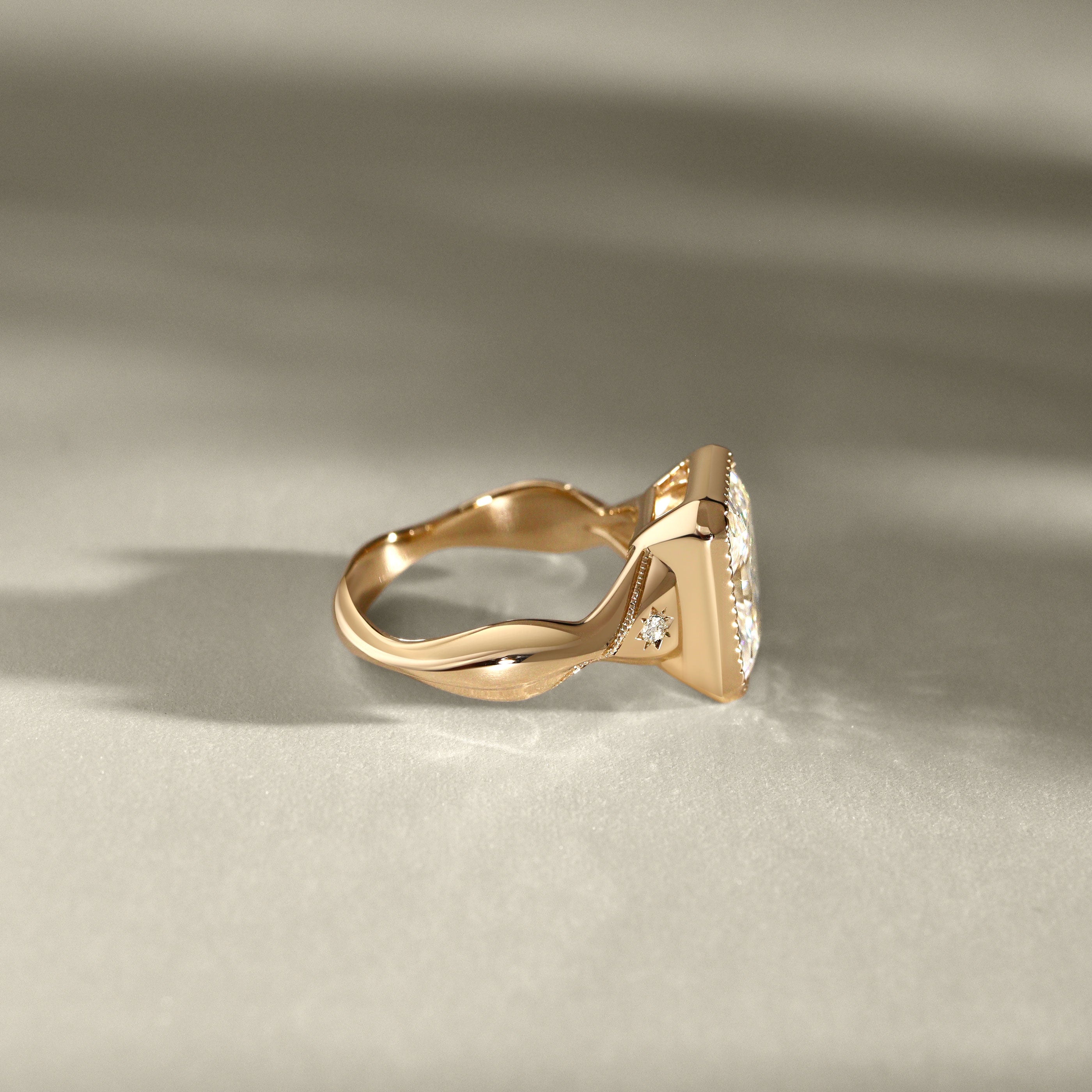 Bespoke #9175 - Custom 11x8mm Radiant Moissanite Wavy Milgrain Band Bezel Ring, w/ Star Set