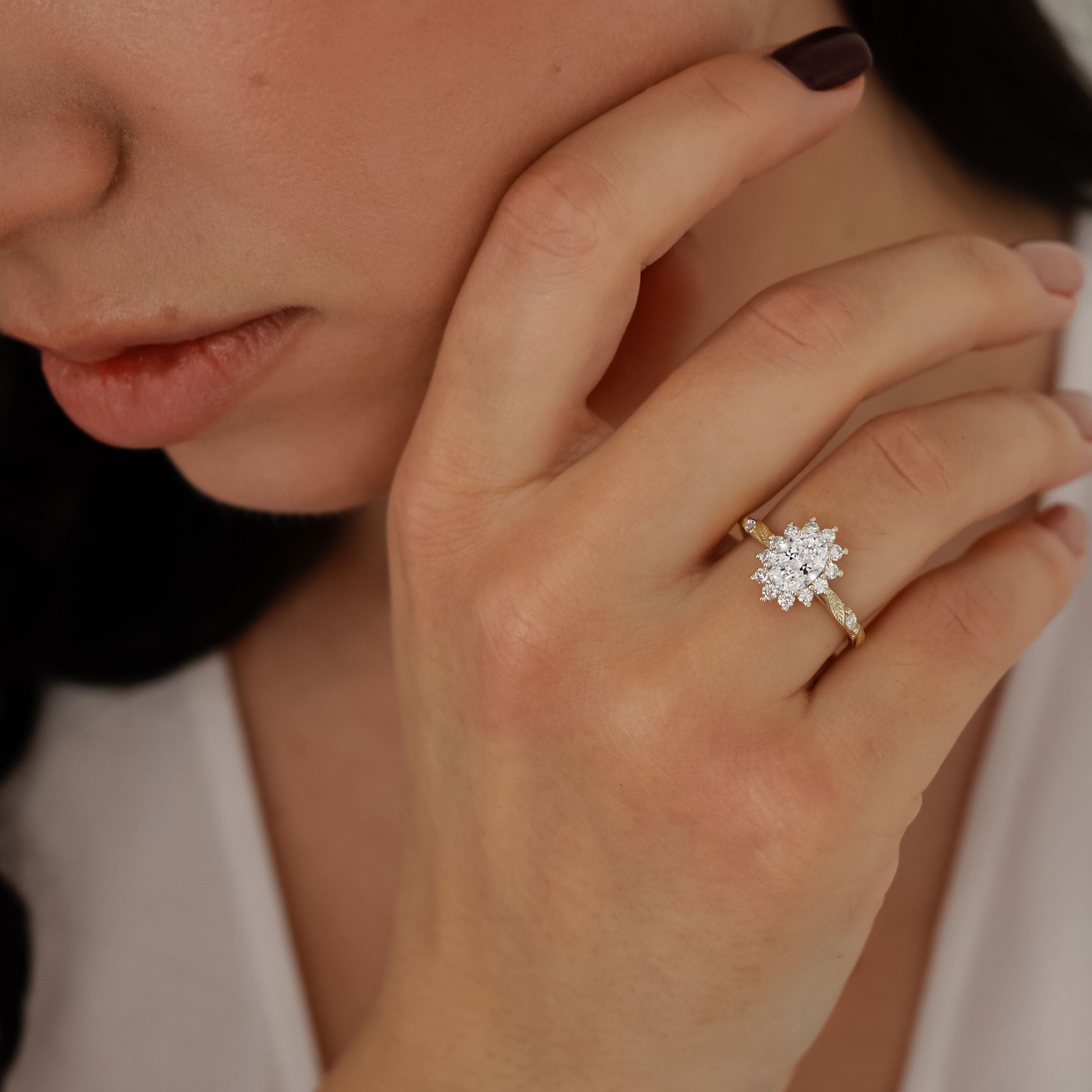 Brooke Nature Inspired Leaf Oval Halo Engagement Ring, Marquise Leaf Band