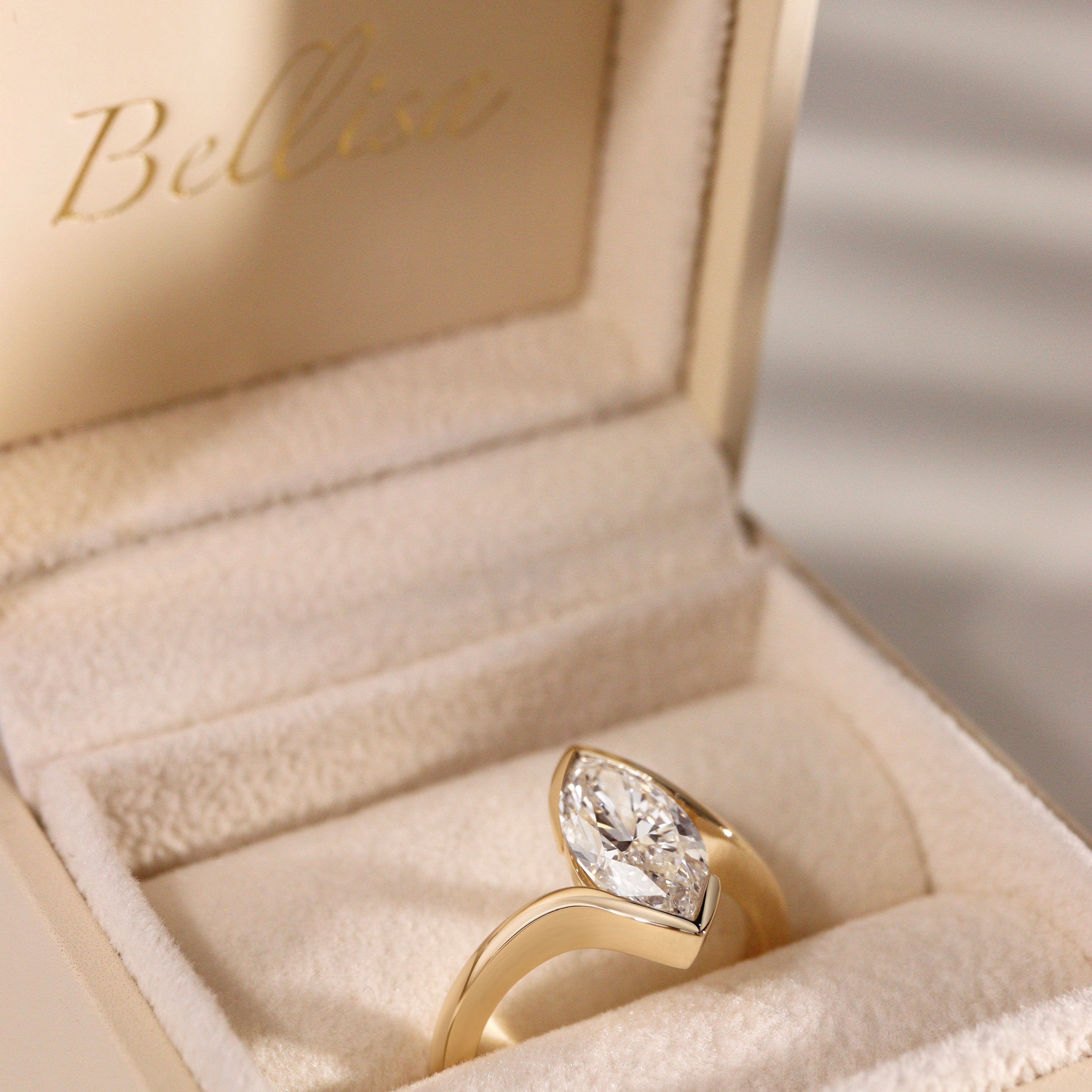 Selene Marquise Cut Half Bezel Bypass Solitaire Engagement Ring, Moissanite/Lab Diamond