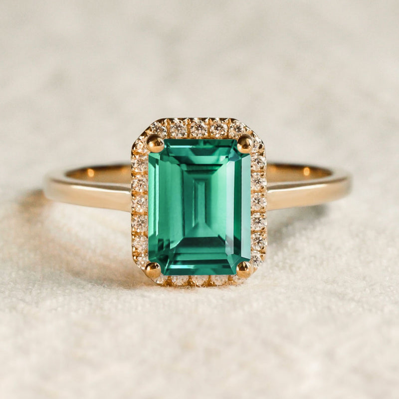 Eva Lab Emerald Halo Cathedral Engagement Ring, Emerald Cut