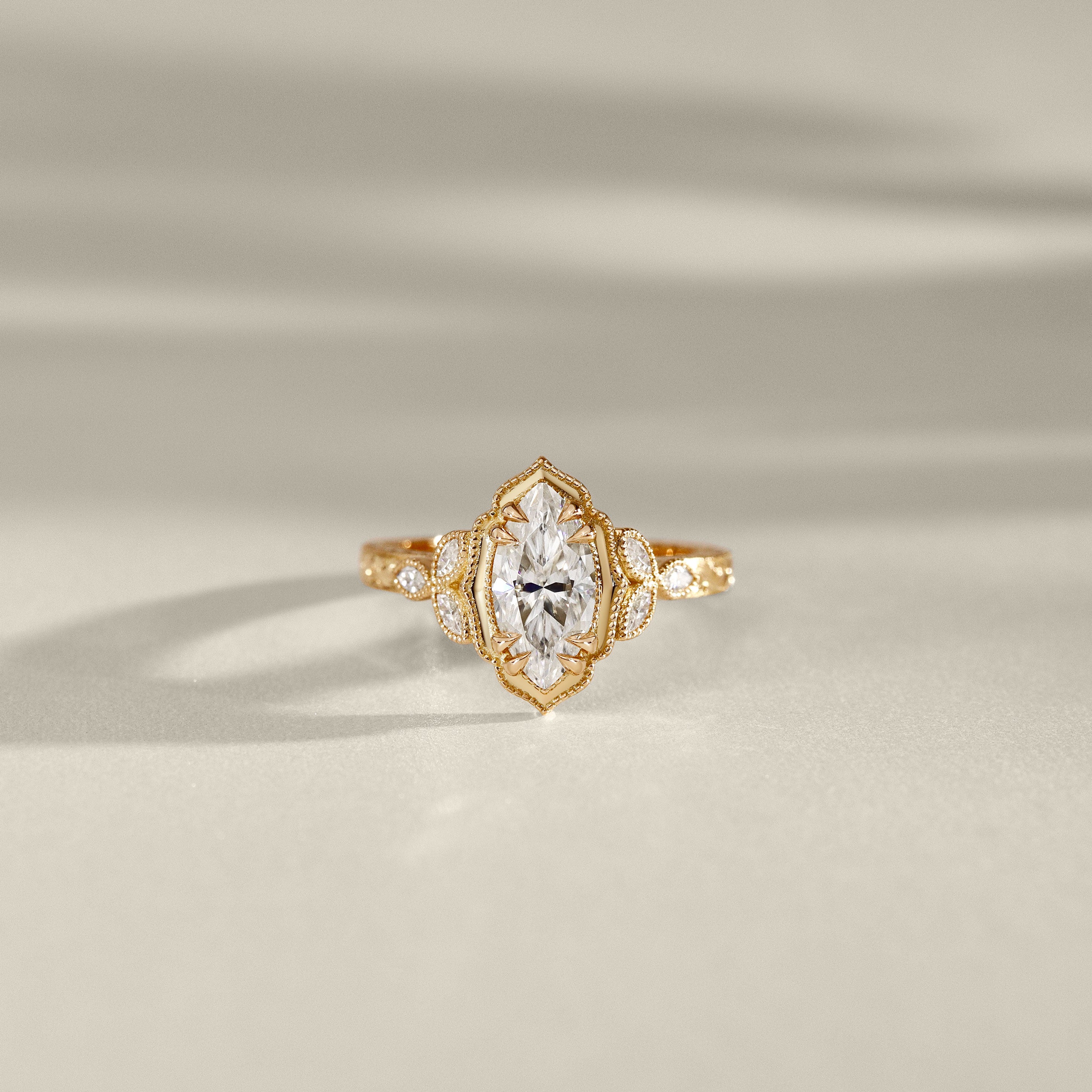 Bespoke #9168 - Custom Vintage Milgrain Marquise Engagement Ring, 3 Side Hand Engraving