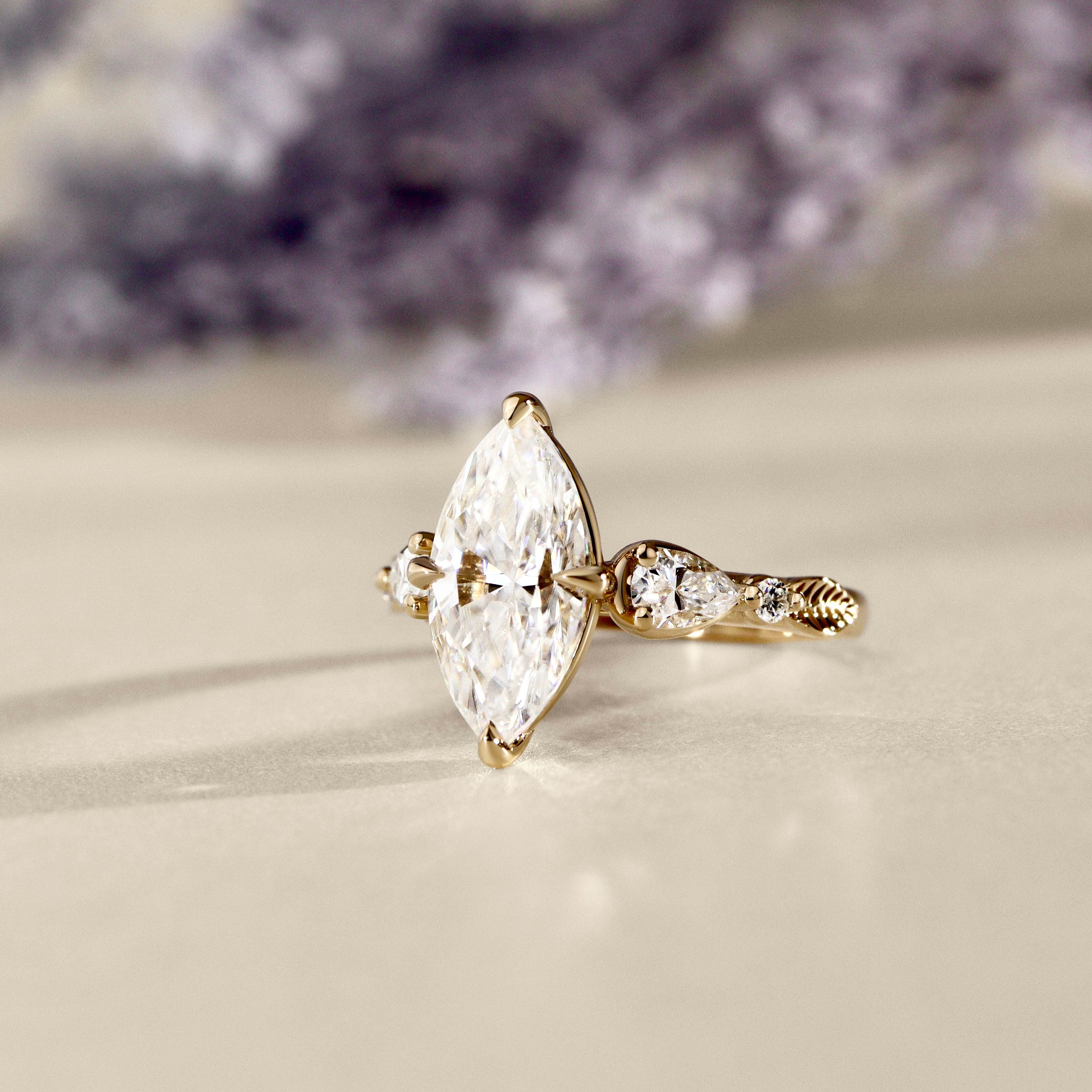 Madison Marquise Art Deco Leaf Engagement Ring, Compass Set