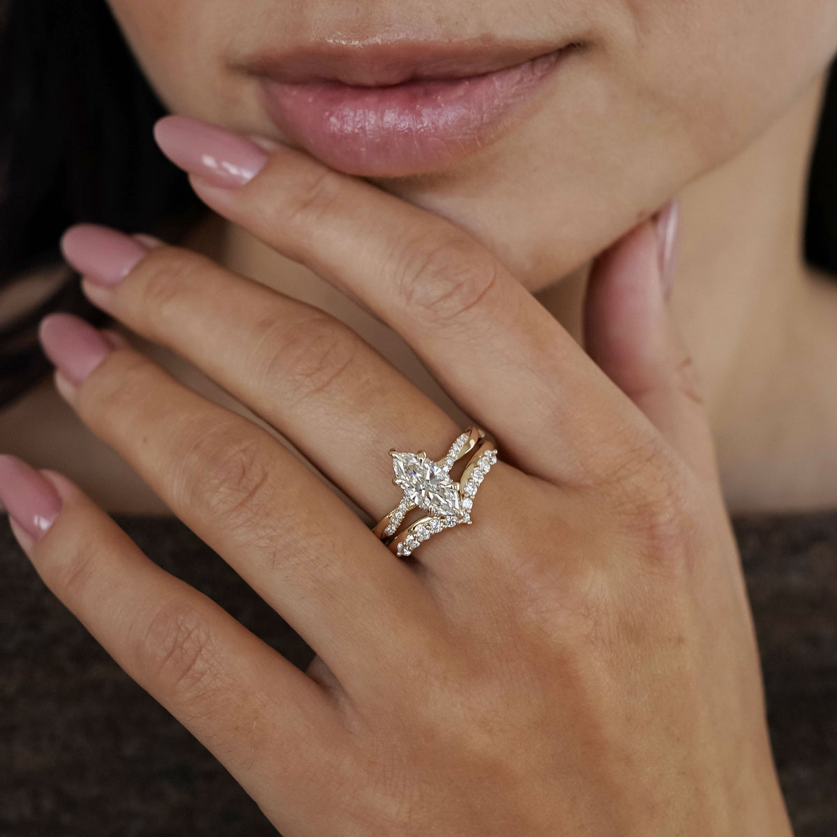 Julia Marquise Cut Hidden Halo Twist Band Engagement Ring, High Set