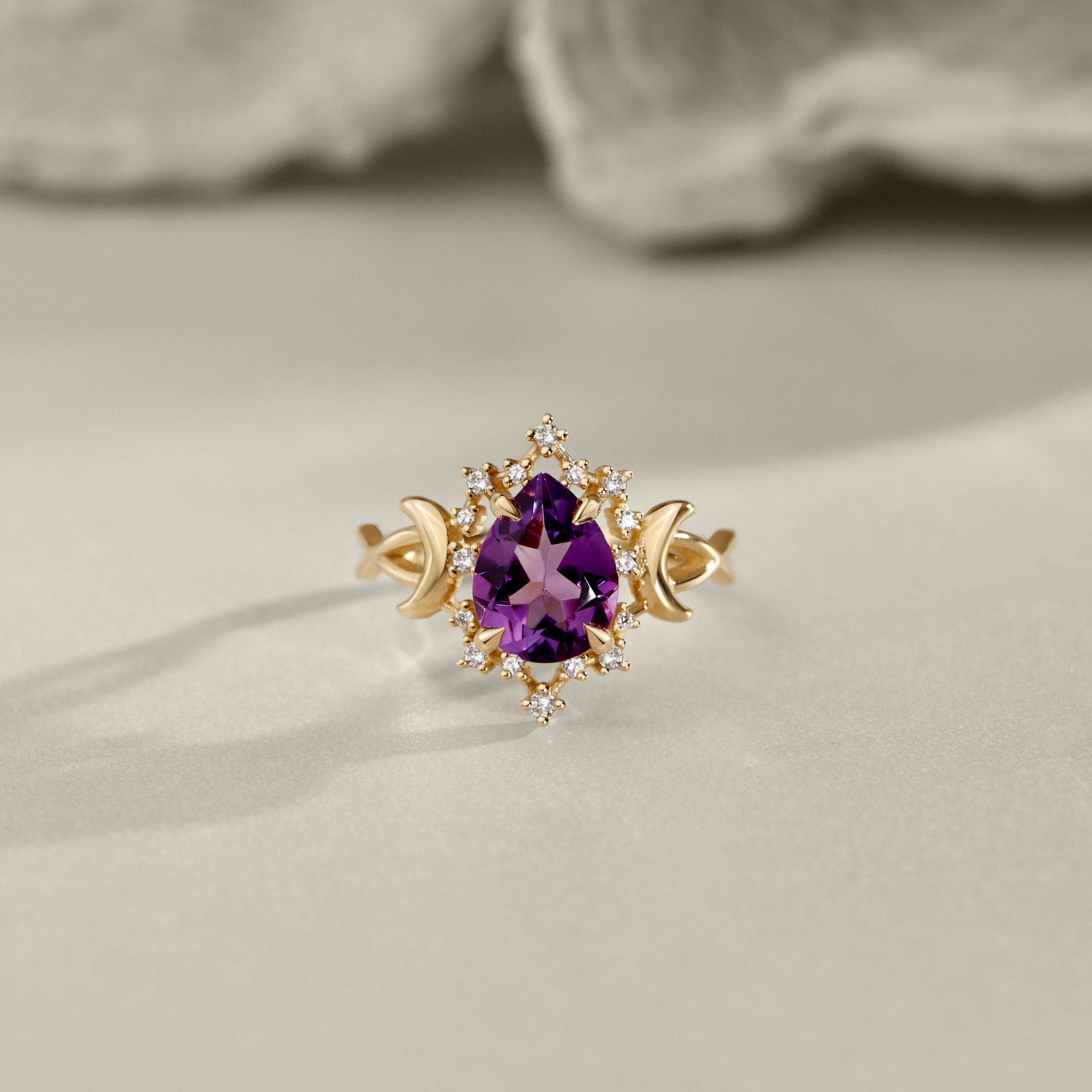 Alice Star & Moon Magic Engagement Ring, Pear Cut Amethyst