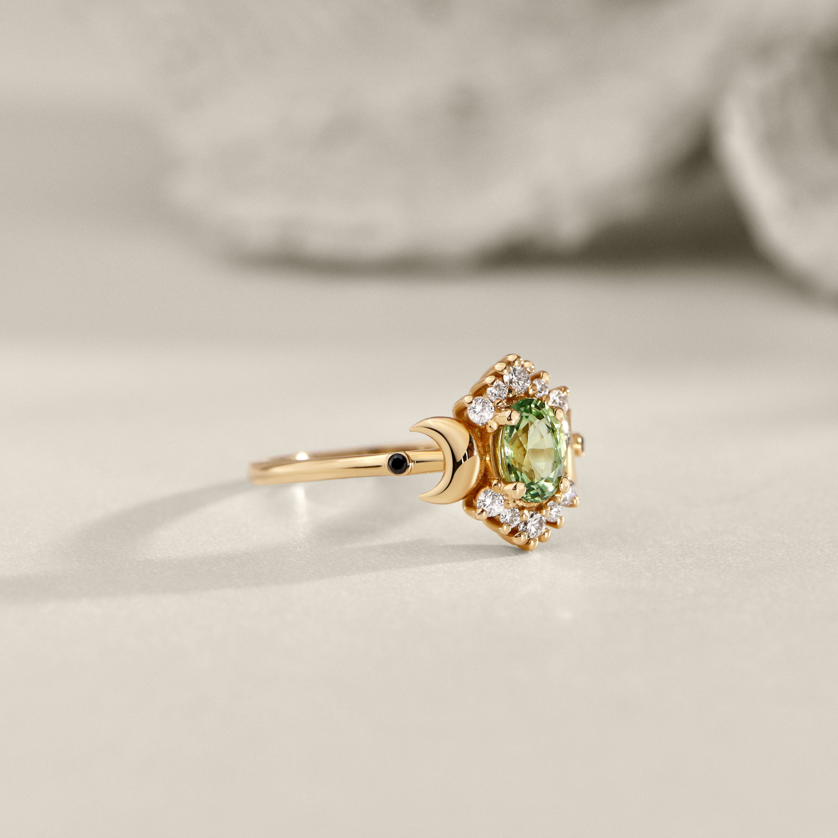 Endless Love Green Sapphire Moon Ring, Halo With Doom Moon