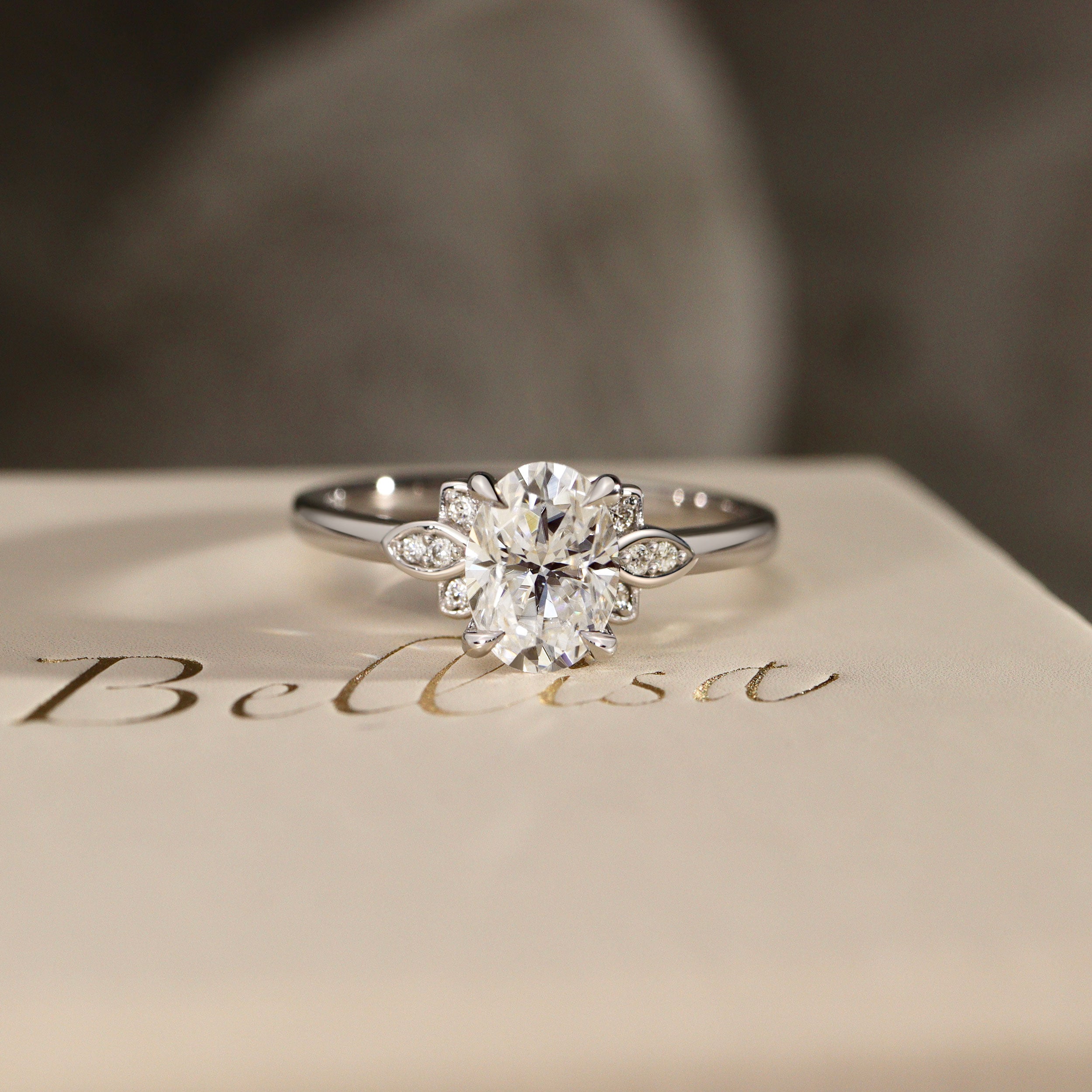 Sleeping Muse Leaf Accent Engagement Ring, Moissanite/Lab Diamond