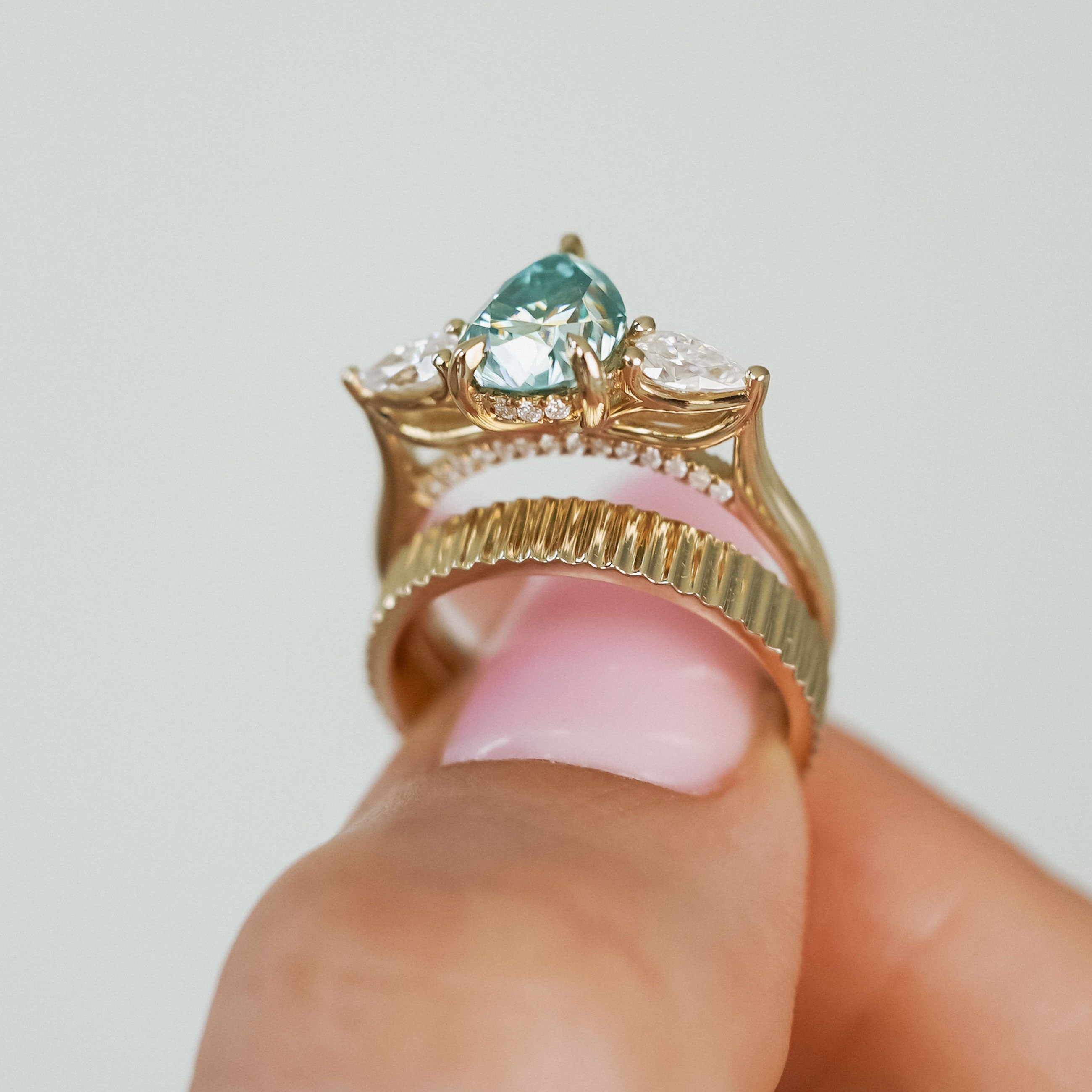 Purity Petal Hidden Halo Three Stone Engagement Ring, Cyan Green Moissanite