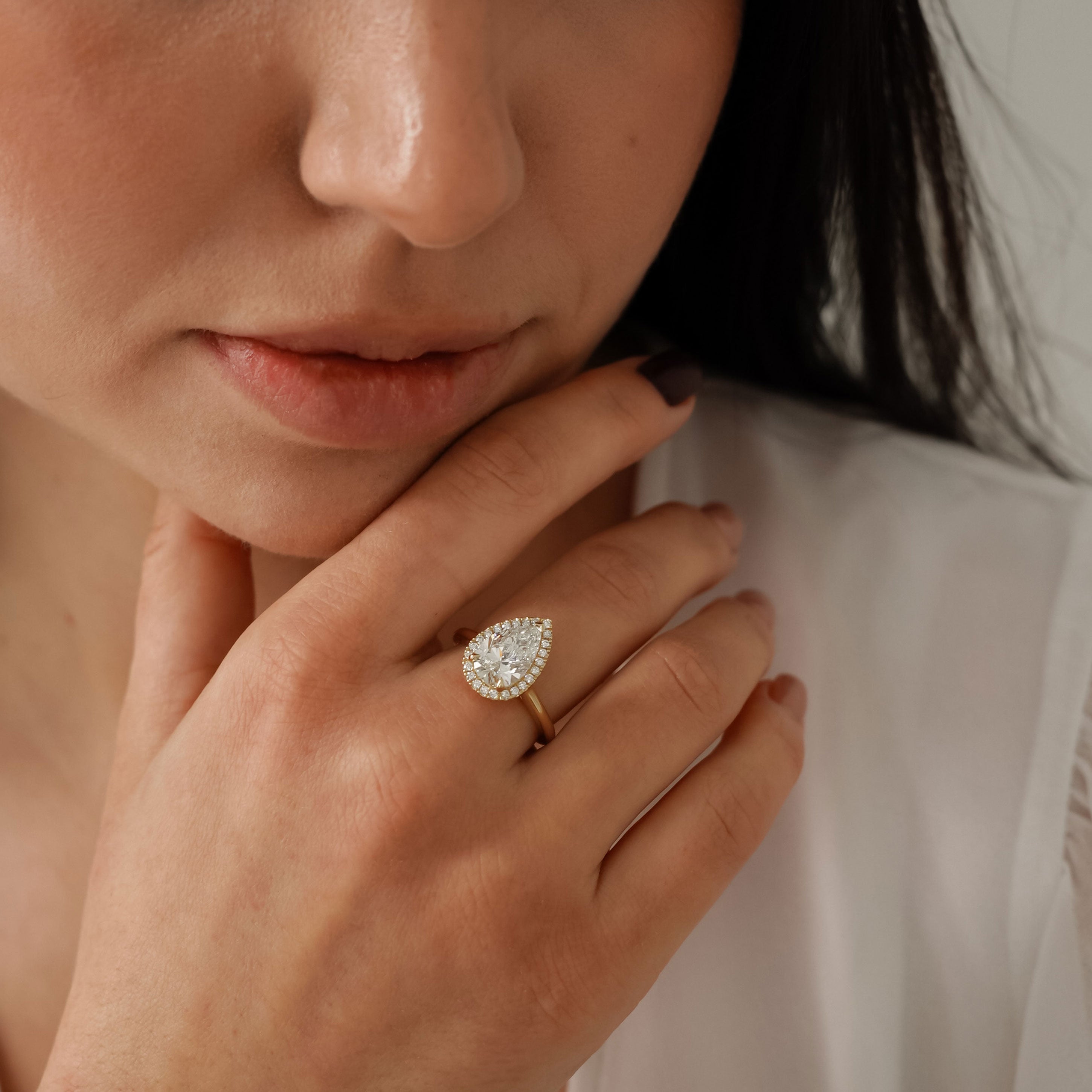 Sophia Pear Halo Cathedral Engagement Ring, Moissanite/Lab Grown Diamond