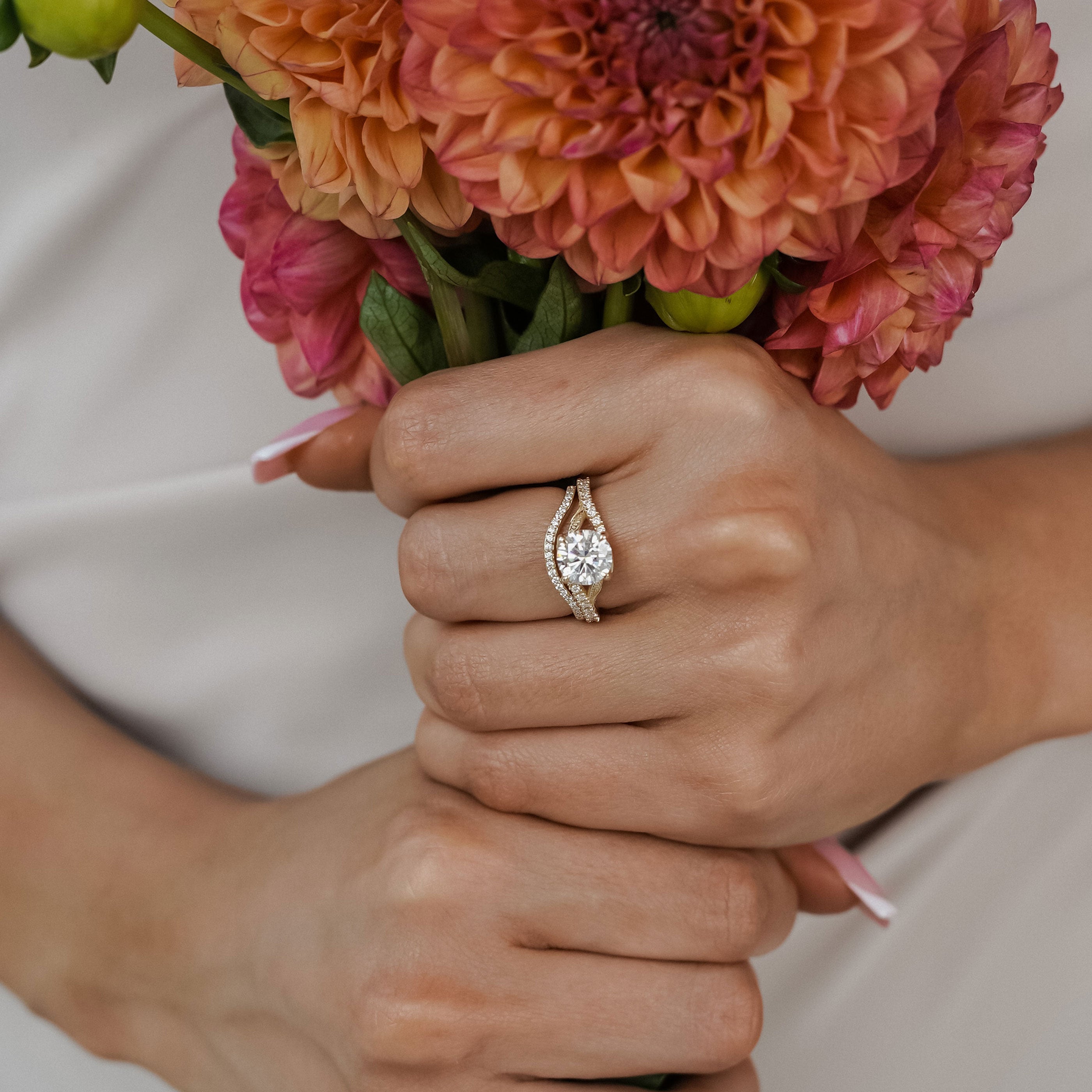 Evelina Round Cut Leaf Split Shank Engagement Ring, Moissanite/Lab Grown Diamond