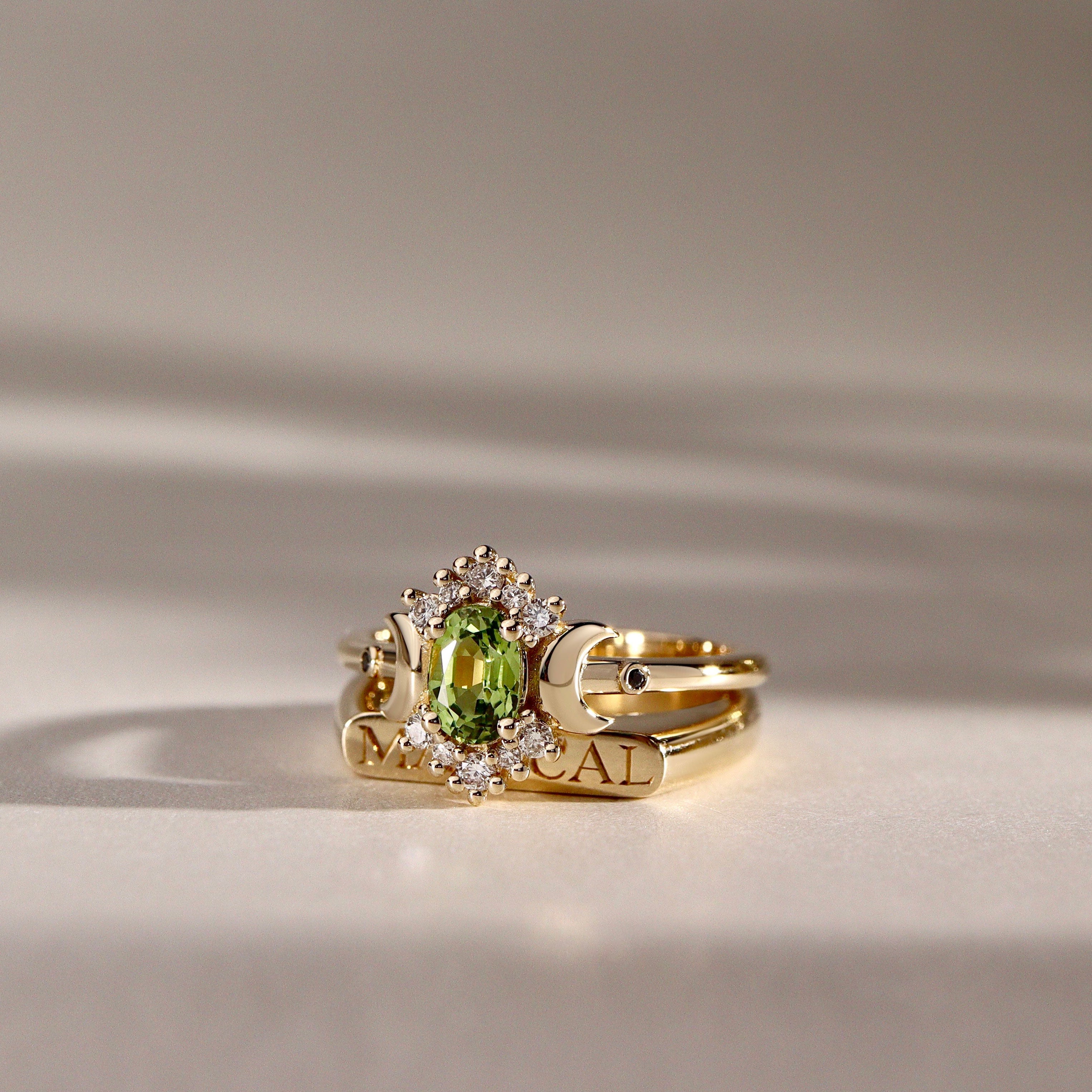 Endless Love Green Sapphire Moon Ring, Halo With Doom Moon