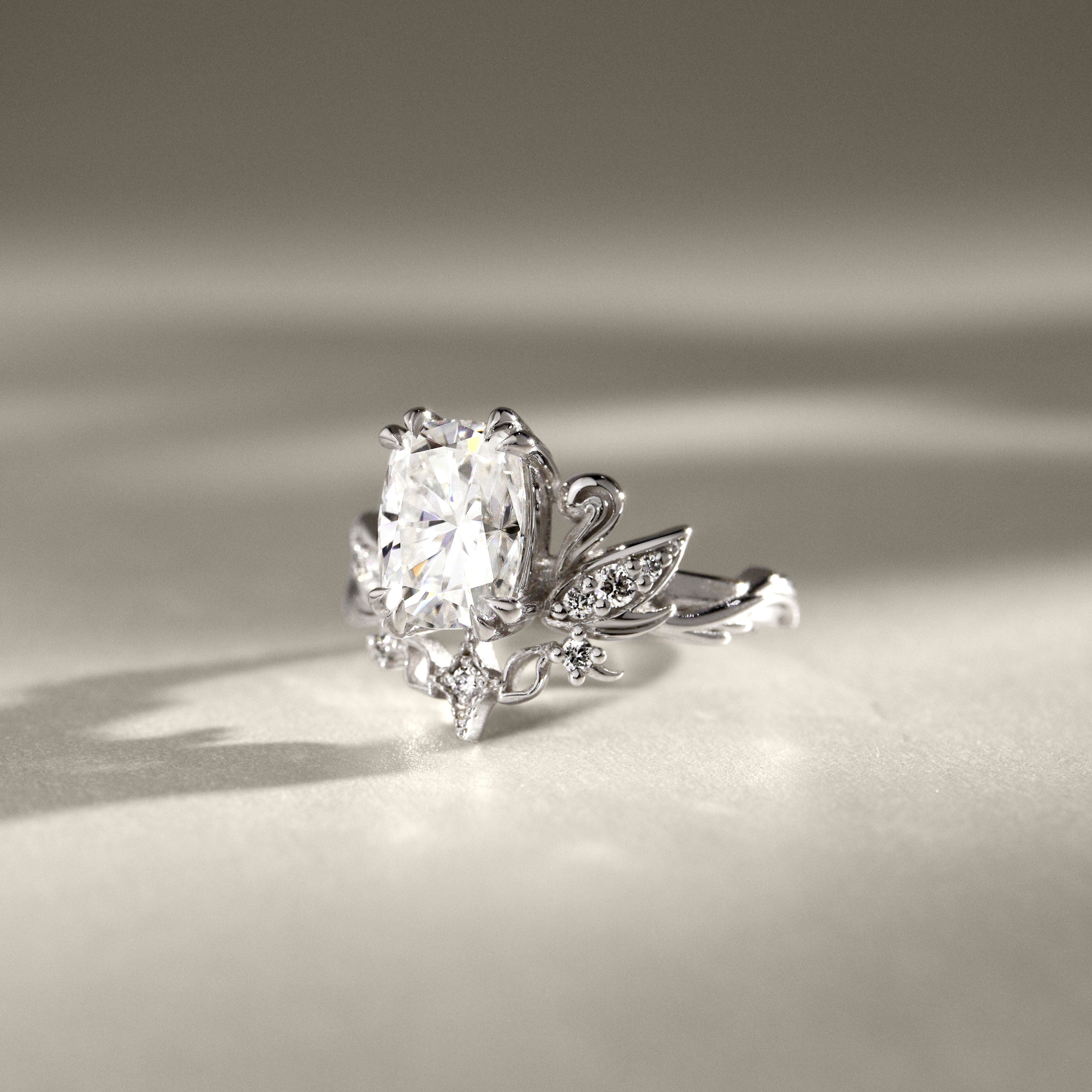 Cushion Love Swan Engagement Ring, Elongated Cushion Cut With Celestial Star
