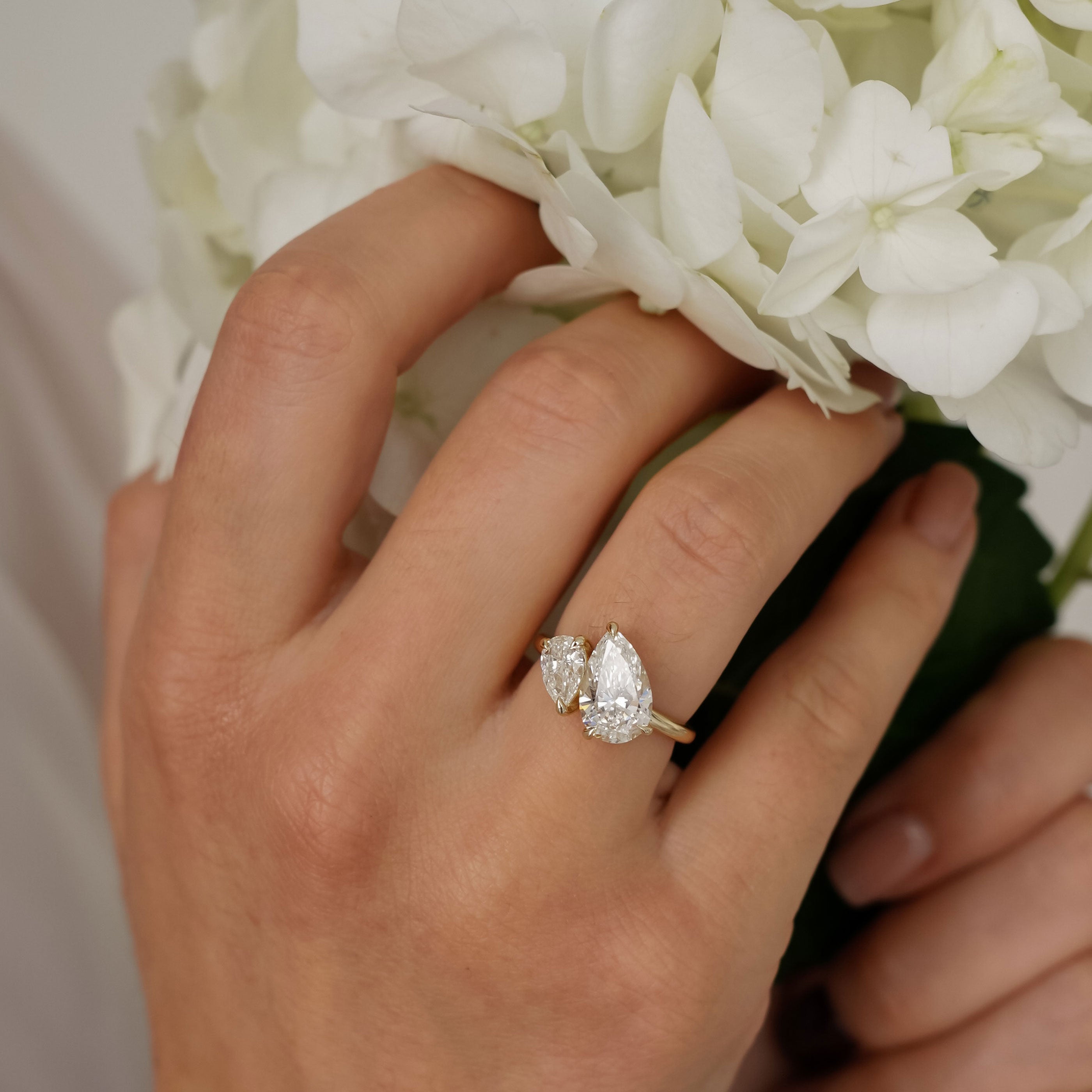 Bespoke #9178 - Custom Pear Lab Diamond Toi et Moi Engagement Ring, Hidden Halo
