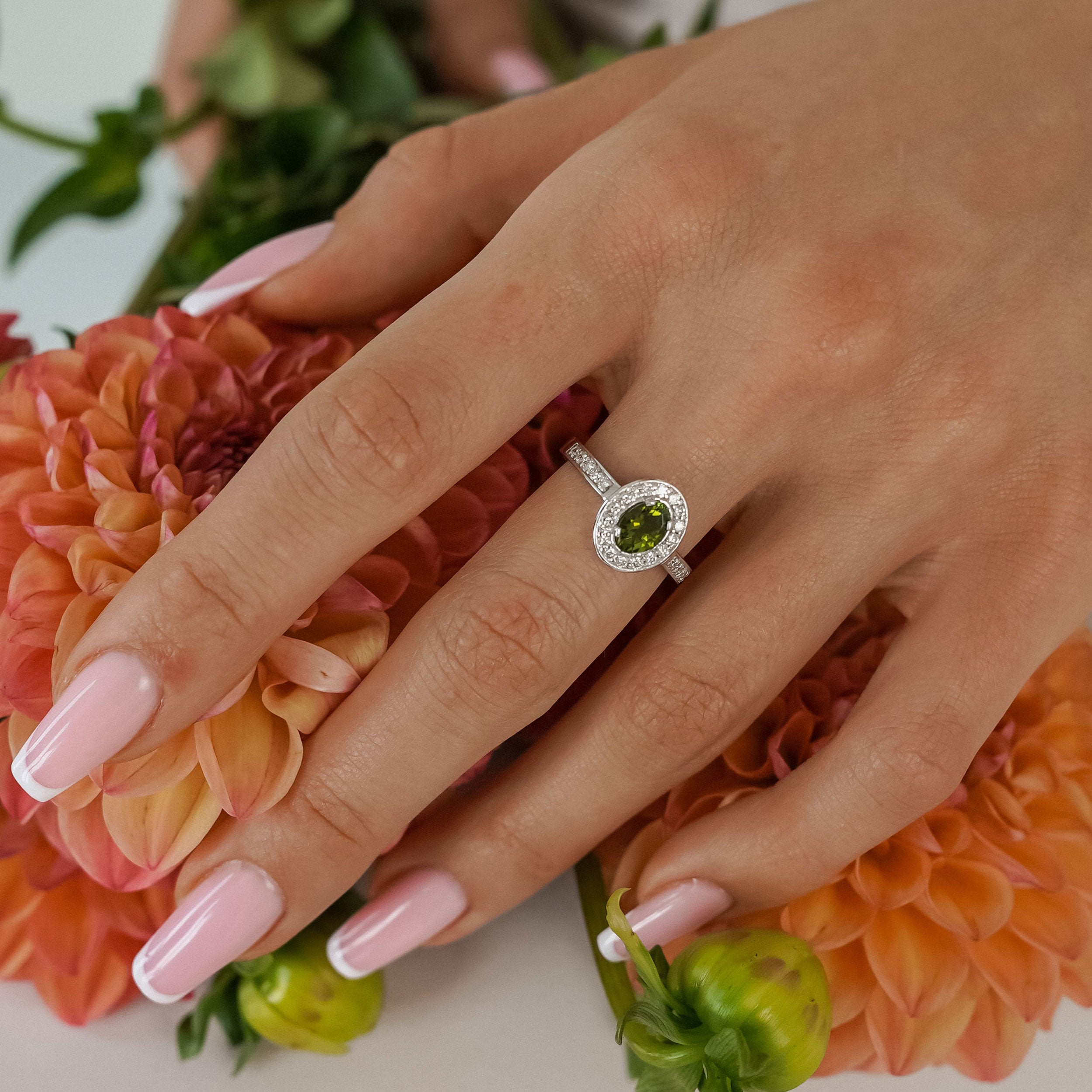 Micropave Sparkling Halo Engagement Ring, Green Tourmaline & Diamonds
