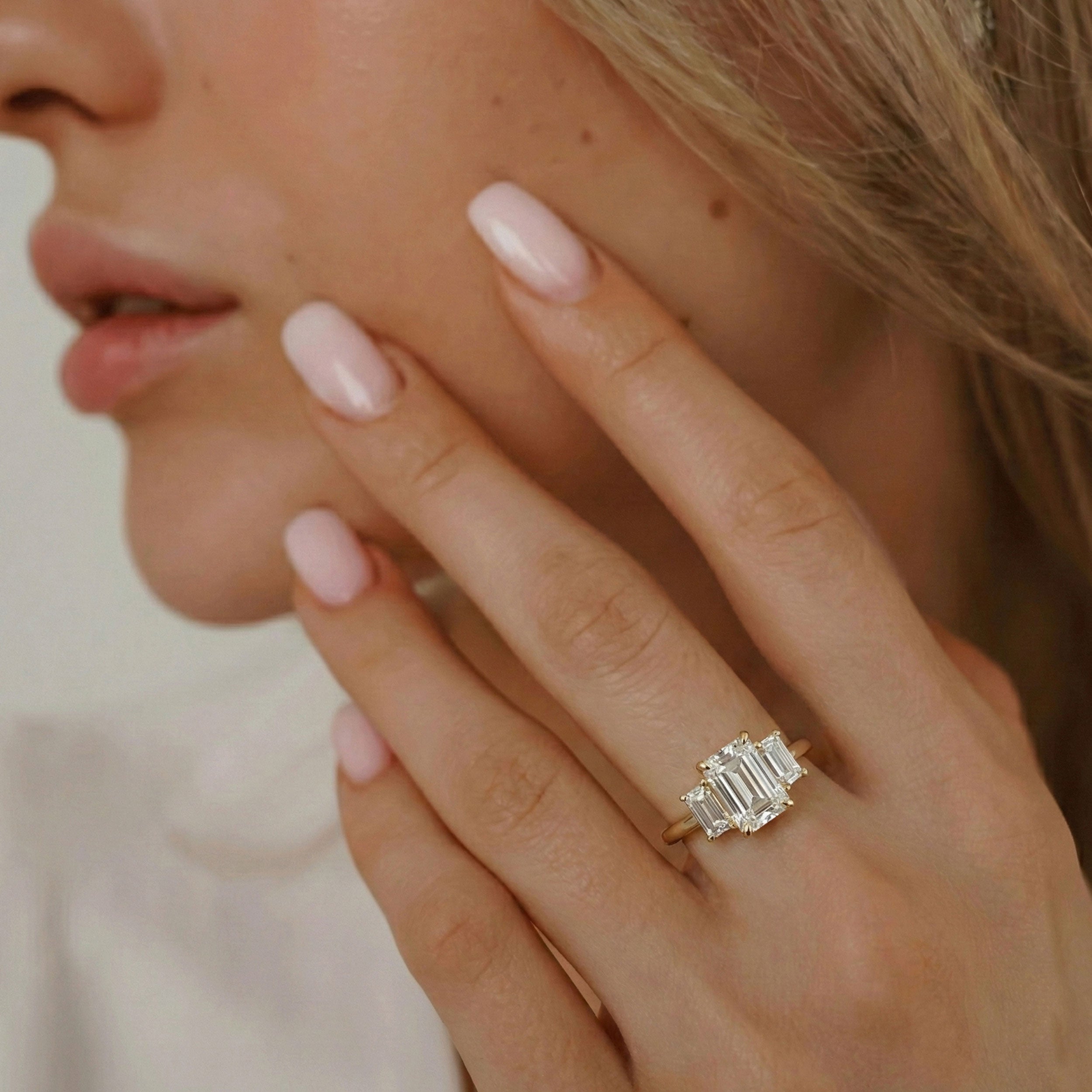 Evelyn Emerald Cut Three Stone Engagement Ring, Low Set