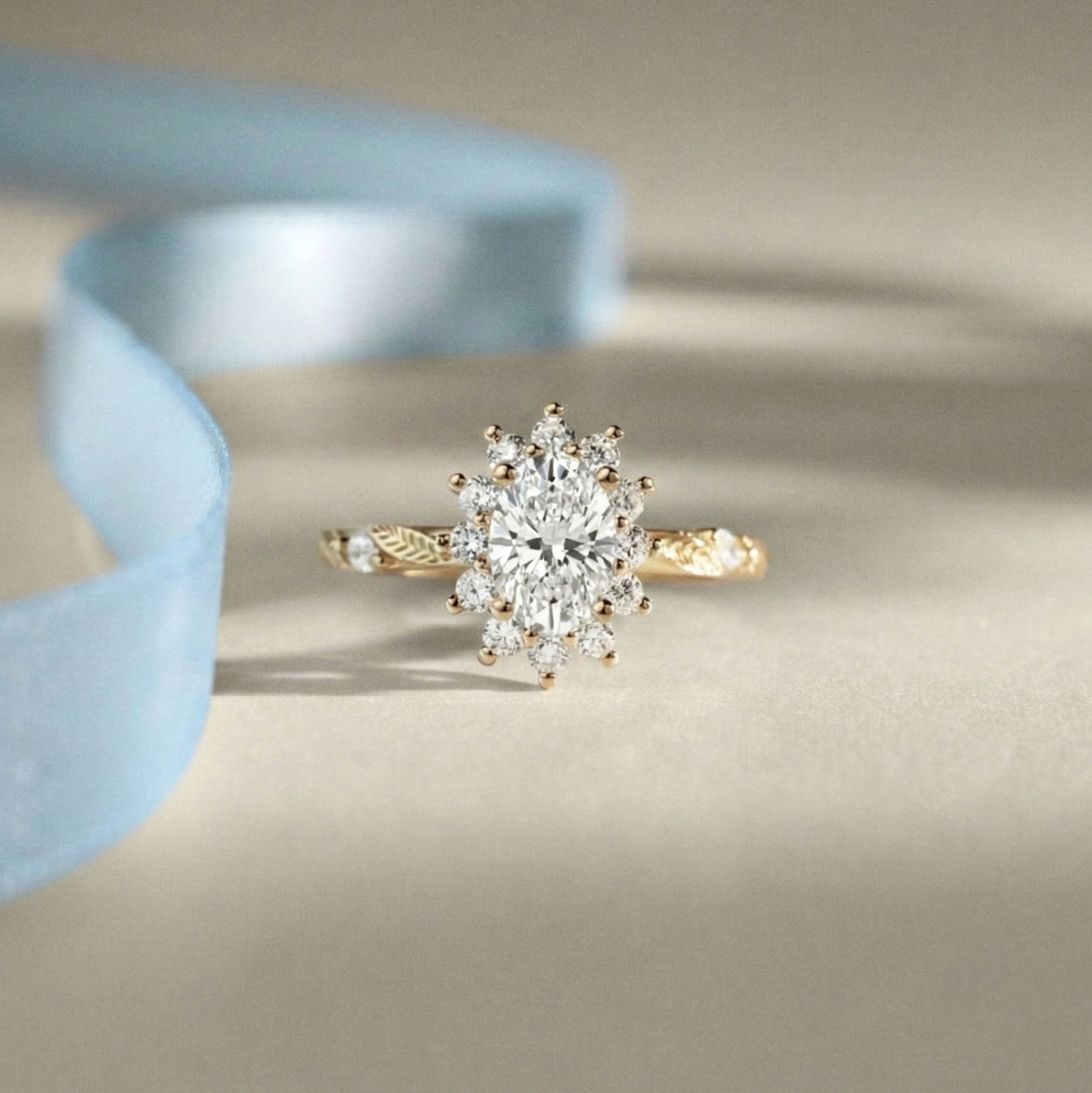 Brooke Nature Inspired Leaf Oval Halo Engagement Ring, Marquise Leaf Band