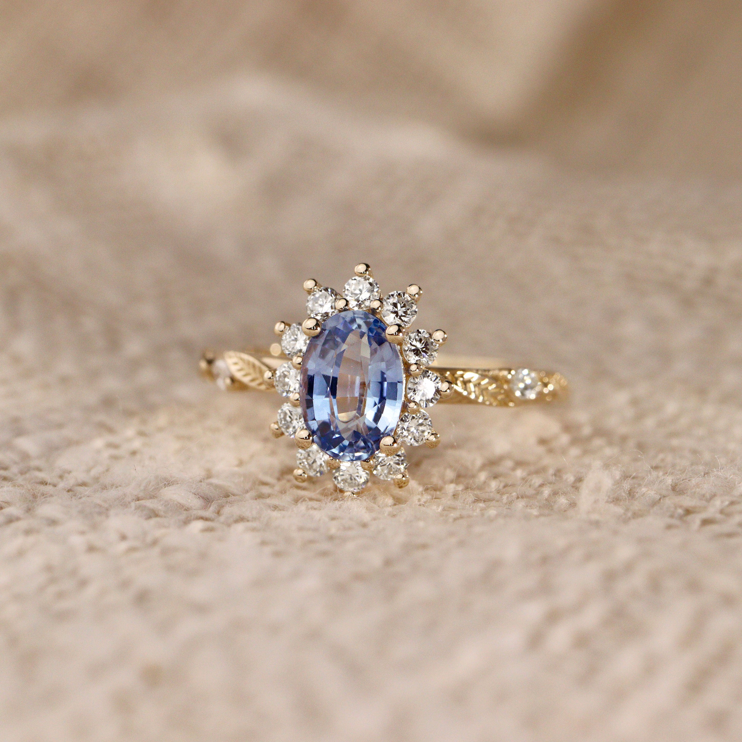 Brooke Oval Blue Sapphire Halo Engagement Ring, Marquise Leaf Band