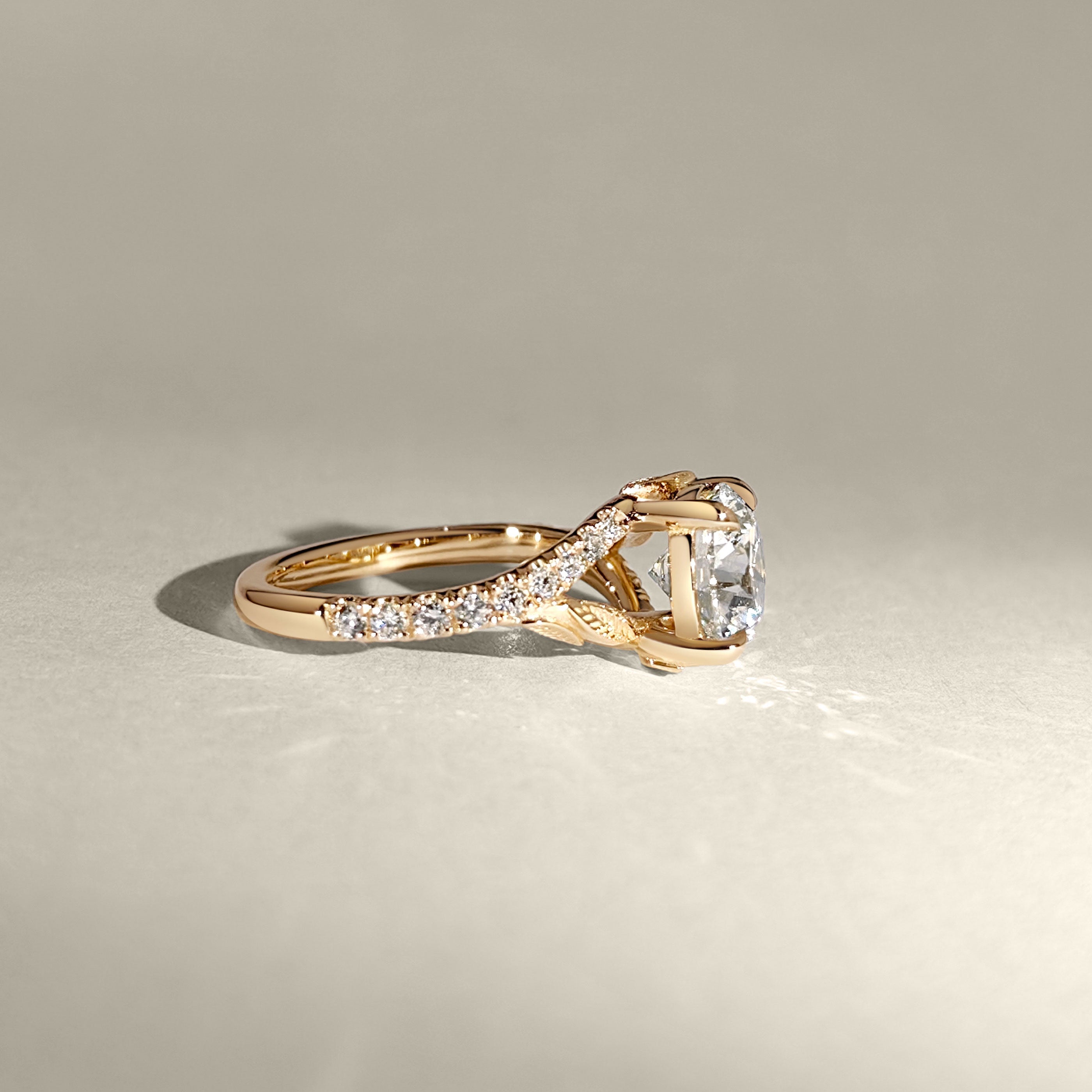 Evelina Round Cut Nature Inspired Leaf Prong Split Shank Engagement Ring,