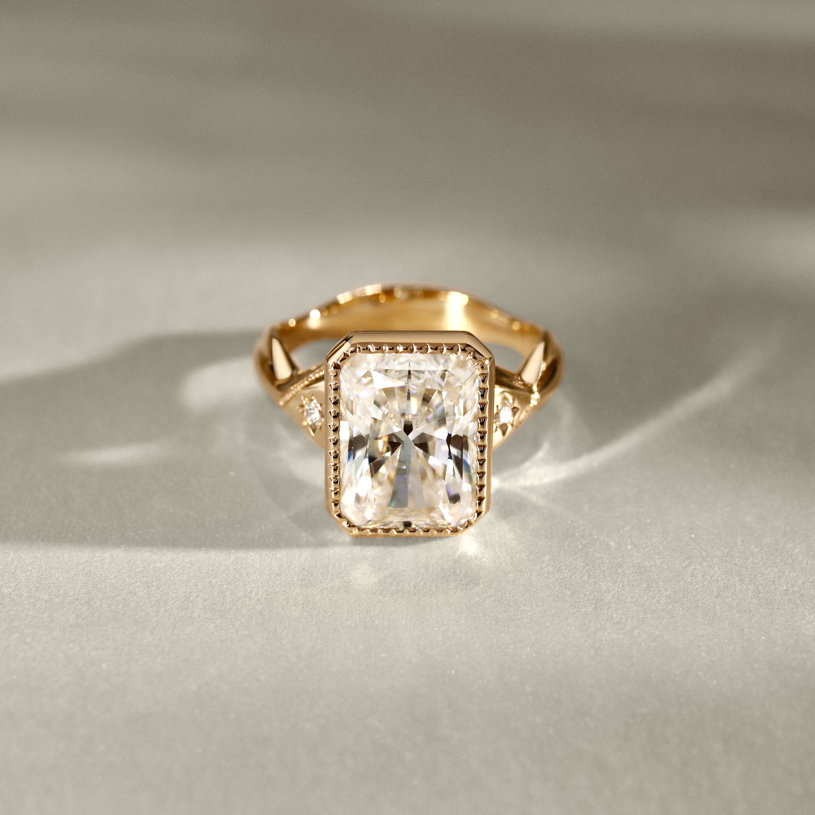 Bespoke #9175 - Custom 11x8mm Radiant Moissanite Wavy Milgrain Band Bezel Ring, w/ Star Set