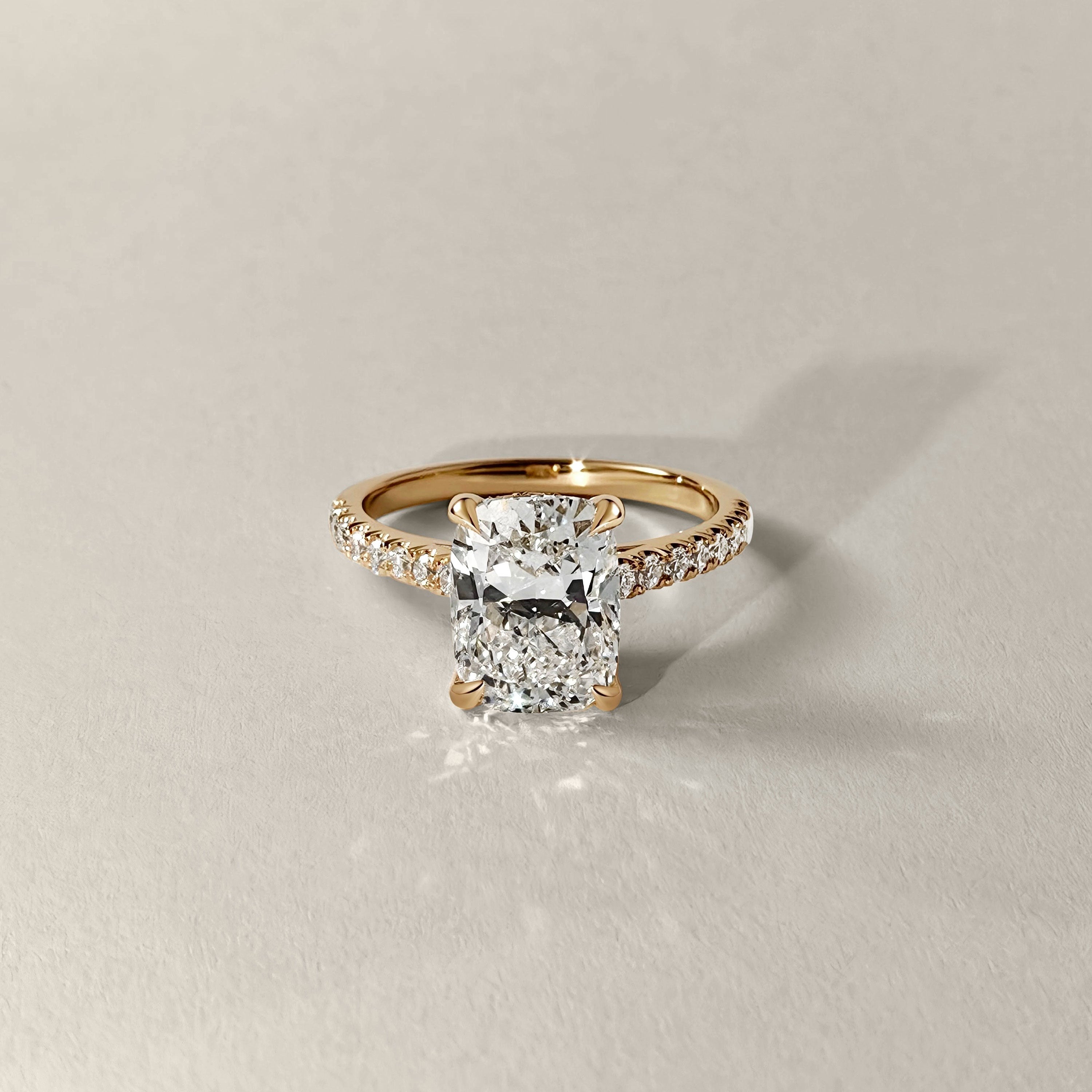 Riley Elongated Cushion Hidden Halo Engagement Ring, Cathedral w/ Pavé Band