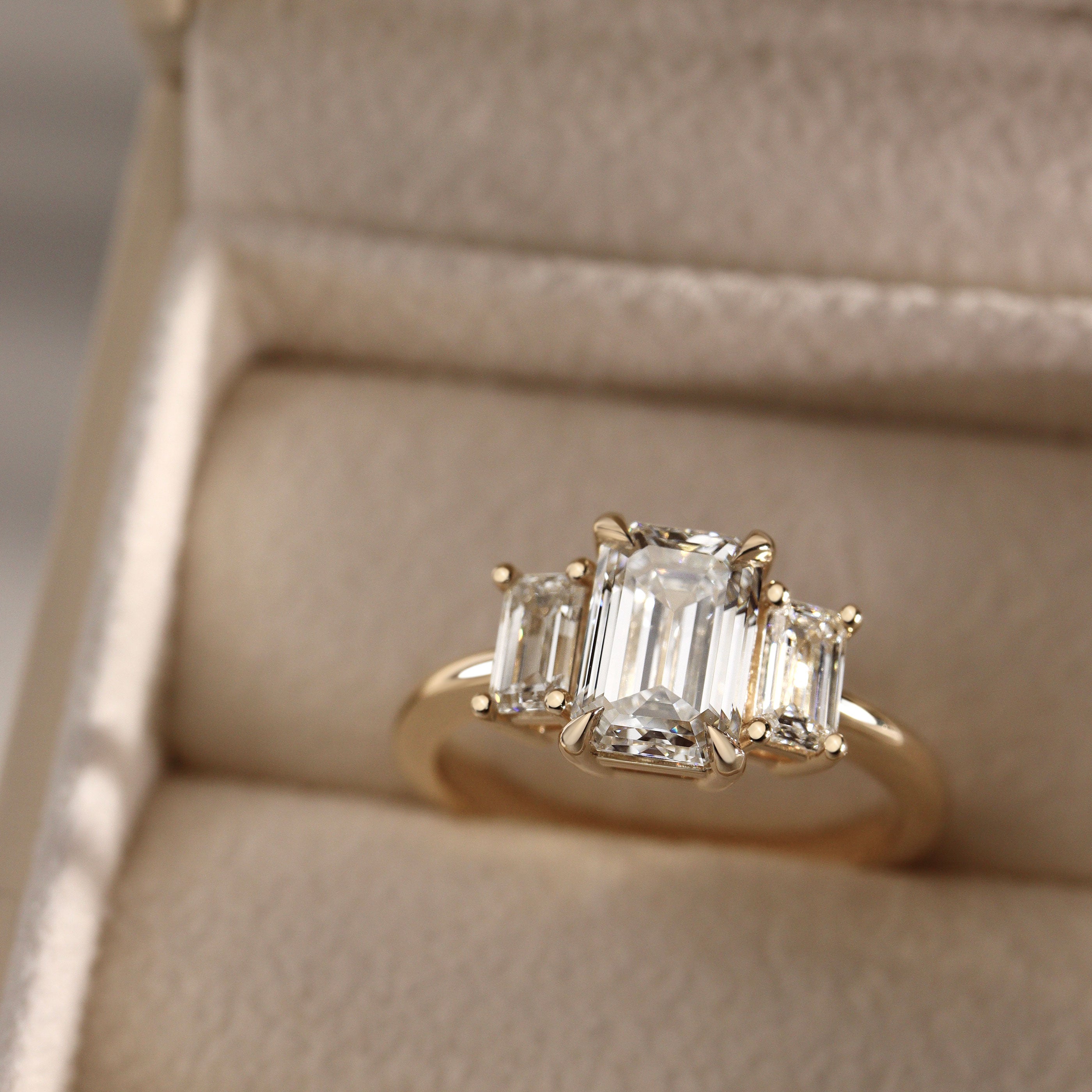 Evelyn Emerald Cut Three Stone Engagement Ring, Low Set