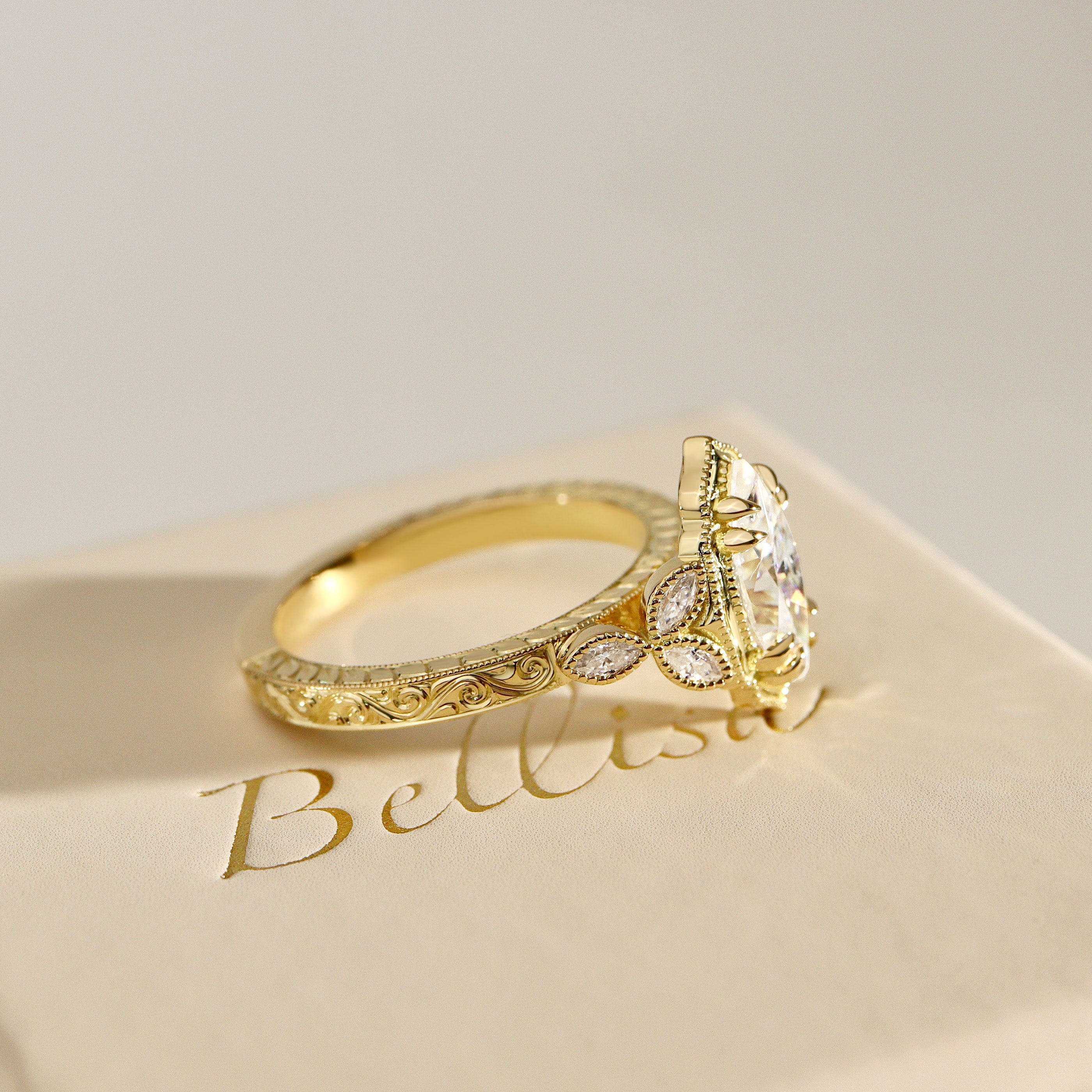 Bespoke #9168 - Custom Vintage Milgrain Marquise Engagement Ring, 3 Side Hand Engraving