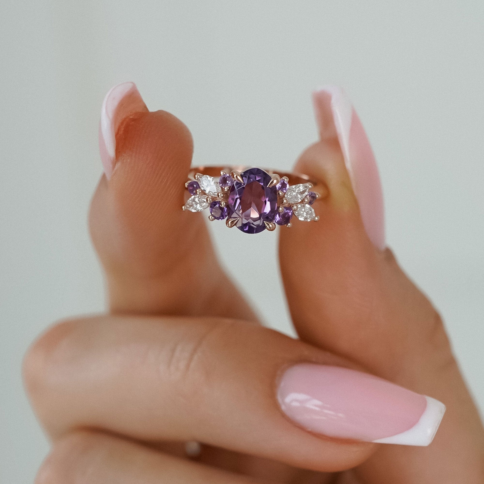 Oval Amethyst Anna's Dream Cluster Engagement Ring, Oval Brilliant With Marquise