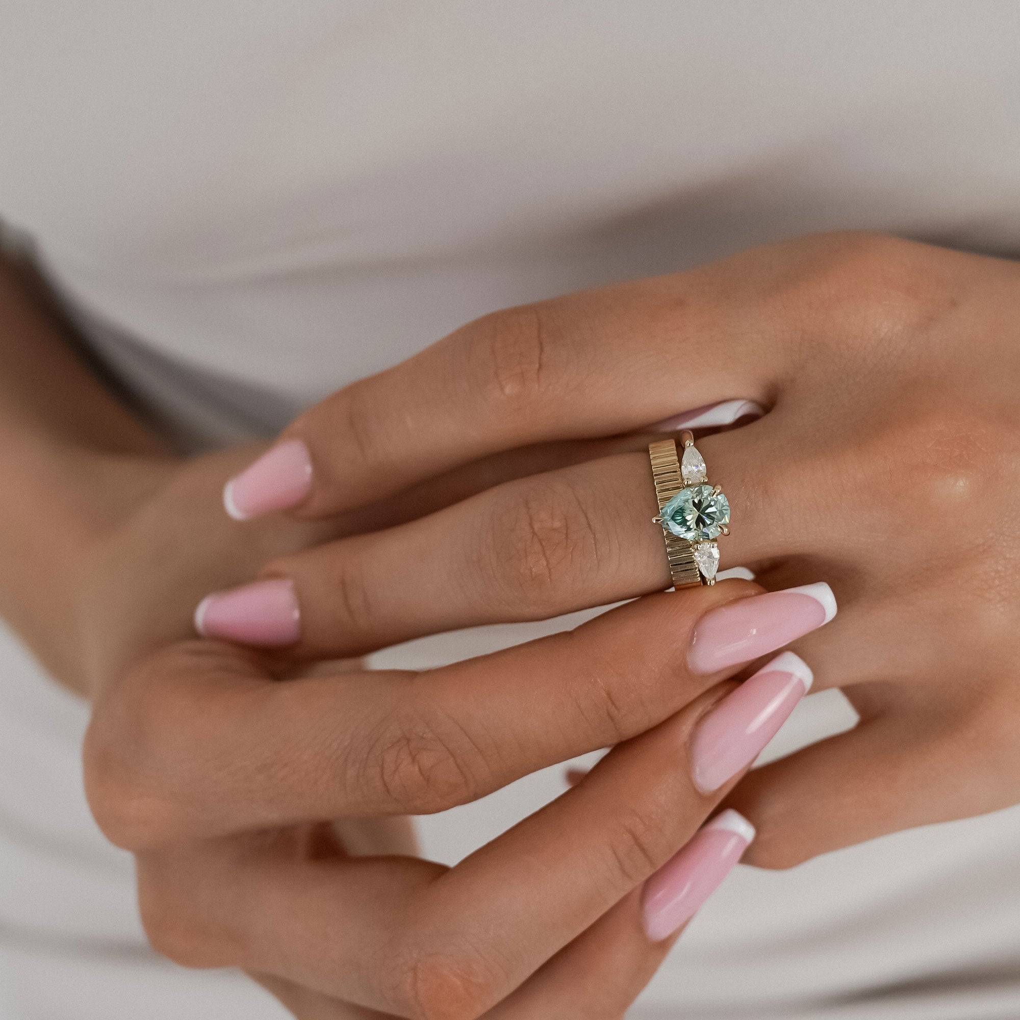 Purity Petal Hidden Halo Three Stone Engagement Ring, Cyan Green Moissanite