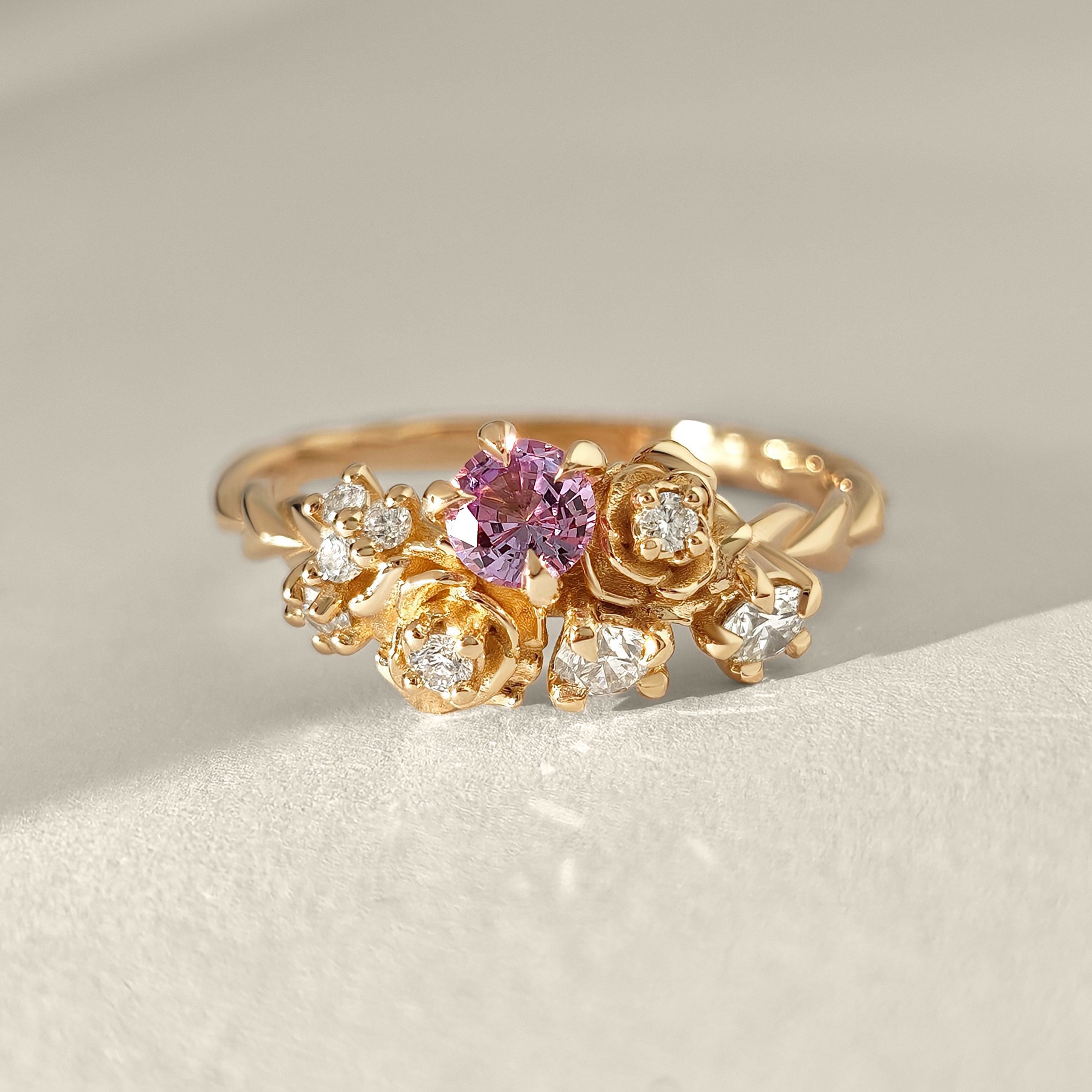 Small Rose Blossom Engagement Ring, Pink Sapphire & Natural Diamond