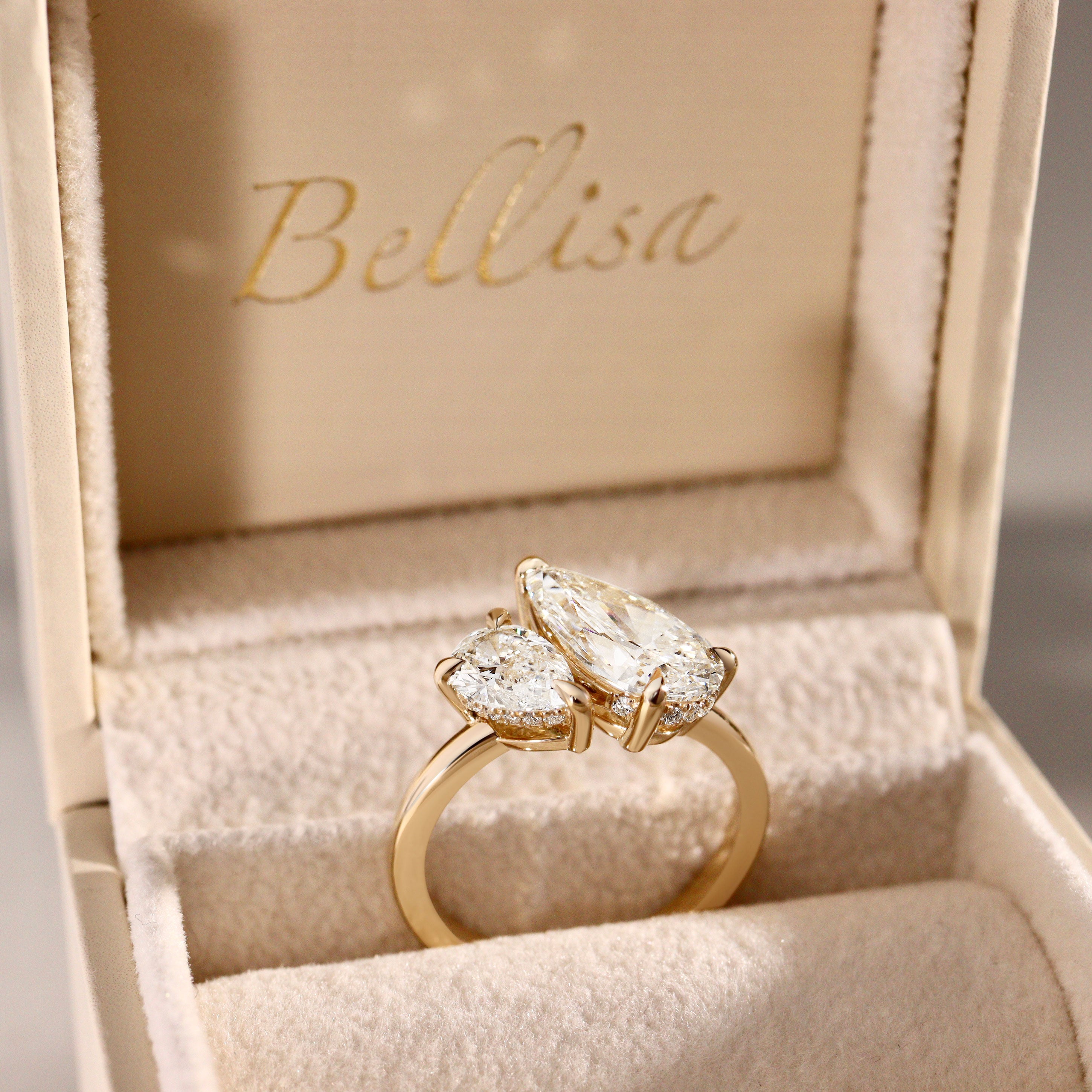 Bespoke #9178 - Custom Pear Lab Diamond Toi et Moi Engagement Ring, Hidden Halo