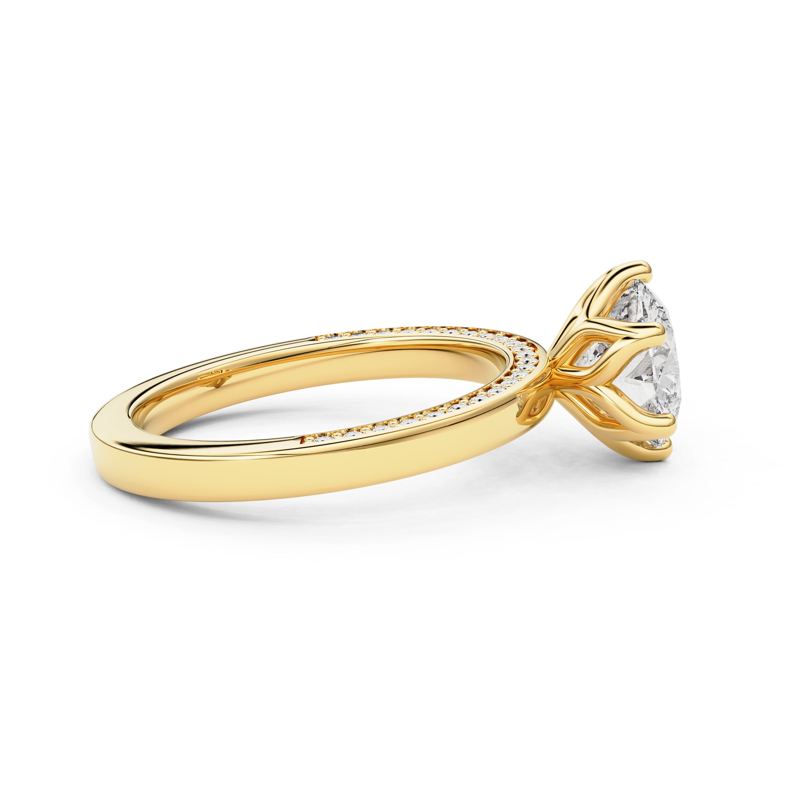 Iris Round Tulip Petal Solitaire Engagement Ring with Side Pavé