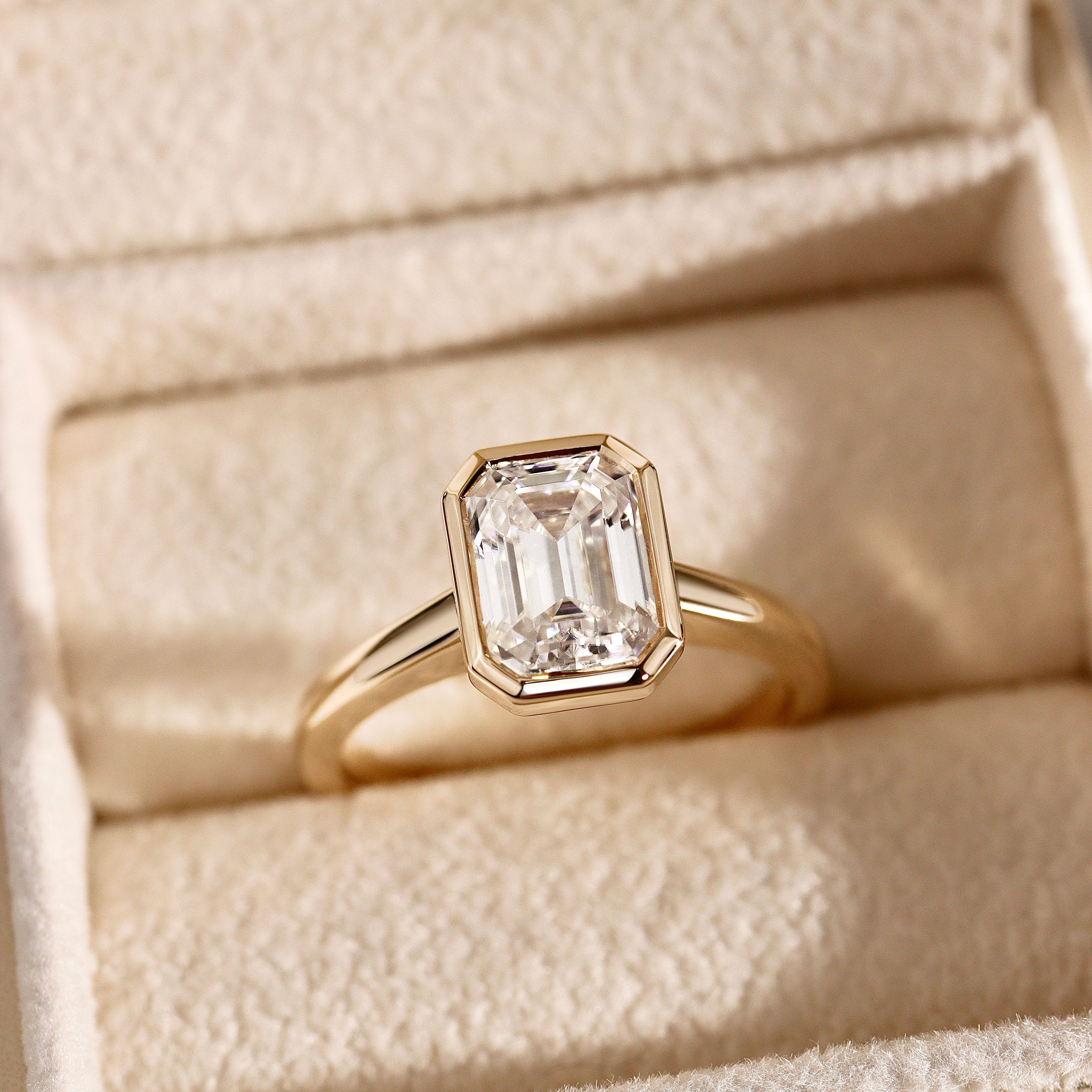 Carmen Emerald Full Bezel Engagement Ring, Moissanite/Lab Diamond