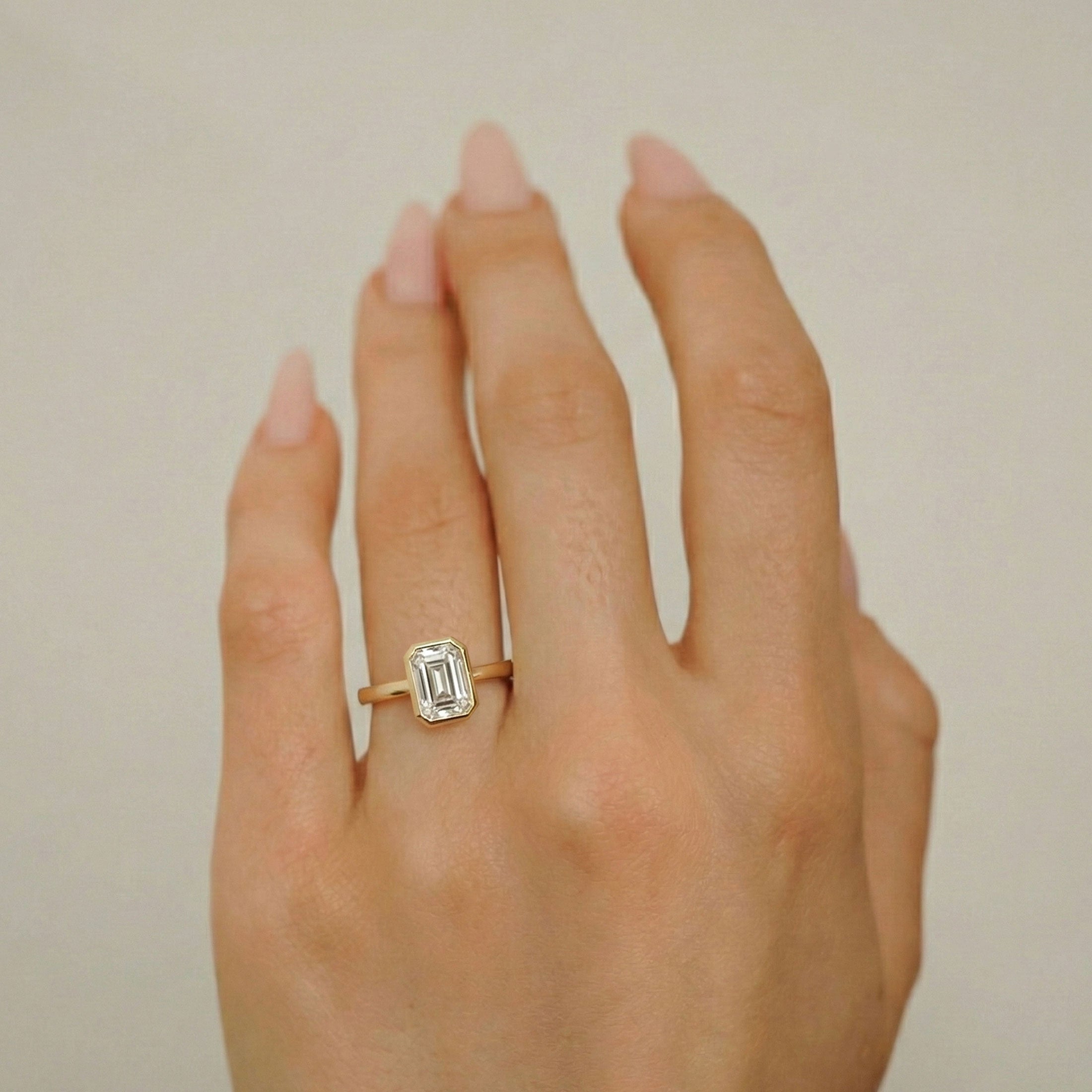 Carmen Emerald Full Bezel Engagement Ring, Moissanite/Lab Diamond