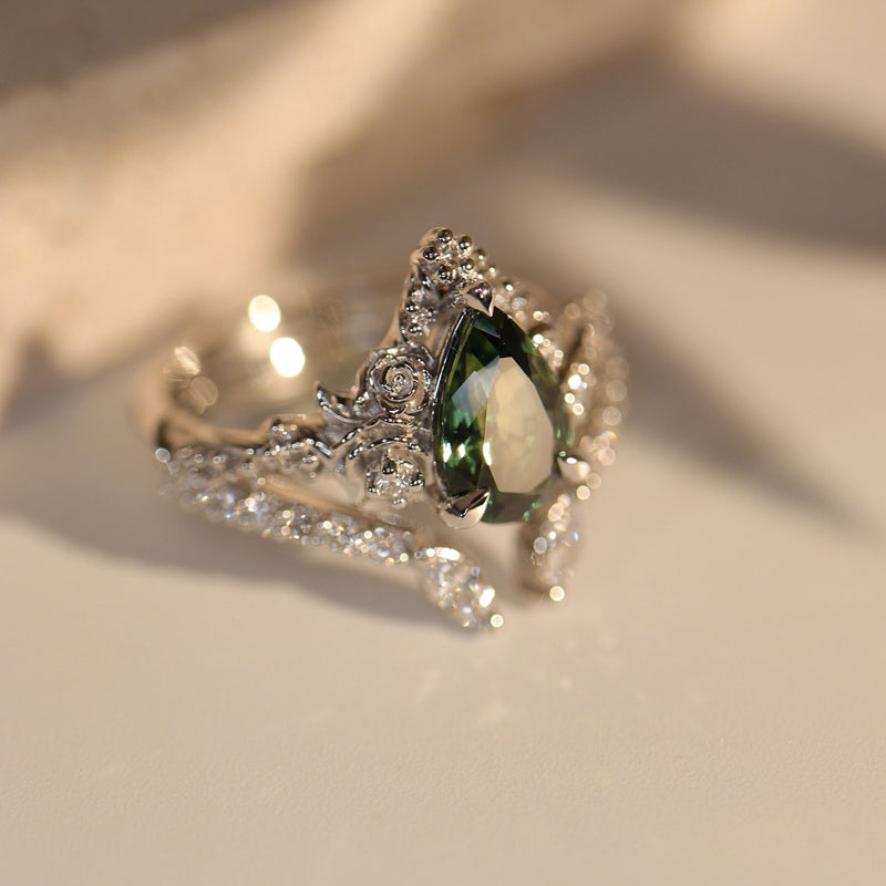 Blossom Rose & Dancing Swan Engagement Ring, Pear Cut Teal Sapphire