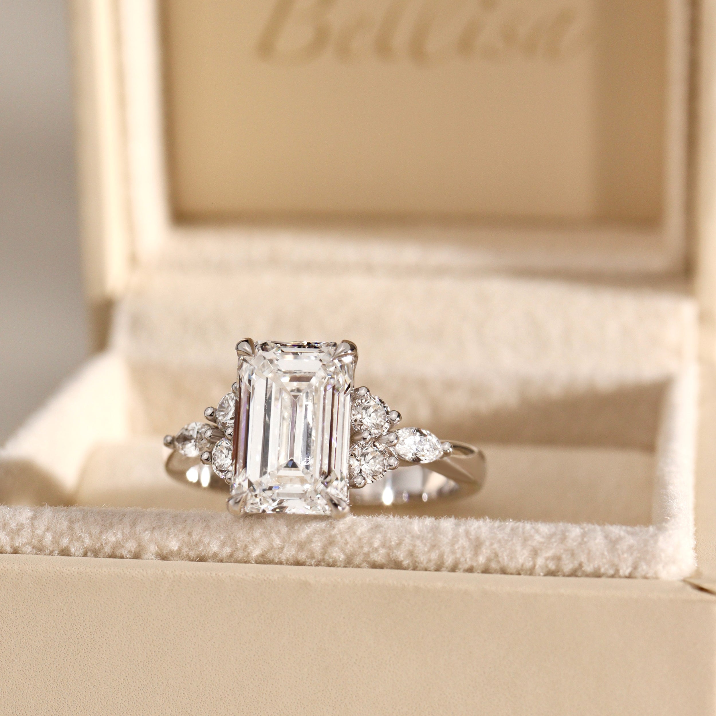 Elodie Emerald Marquise Cluster Engagement Ring, Moissanite/Lab Grown Diamond