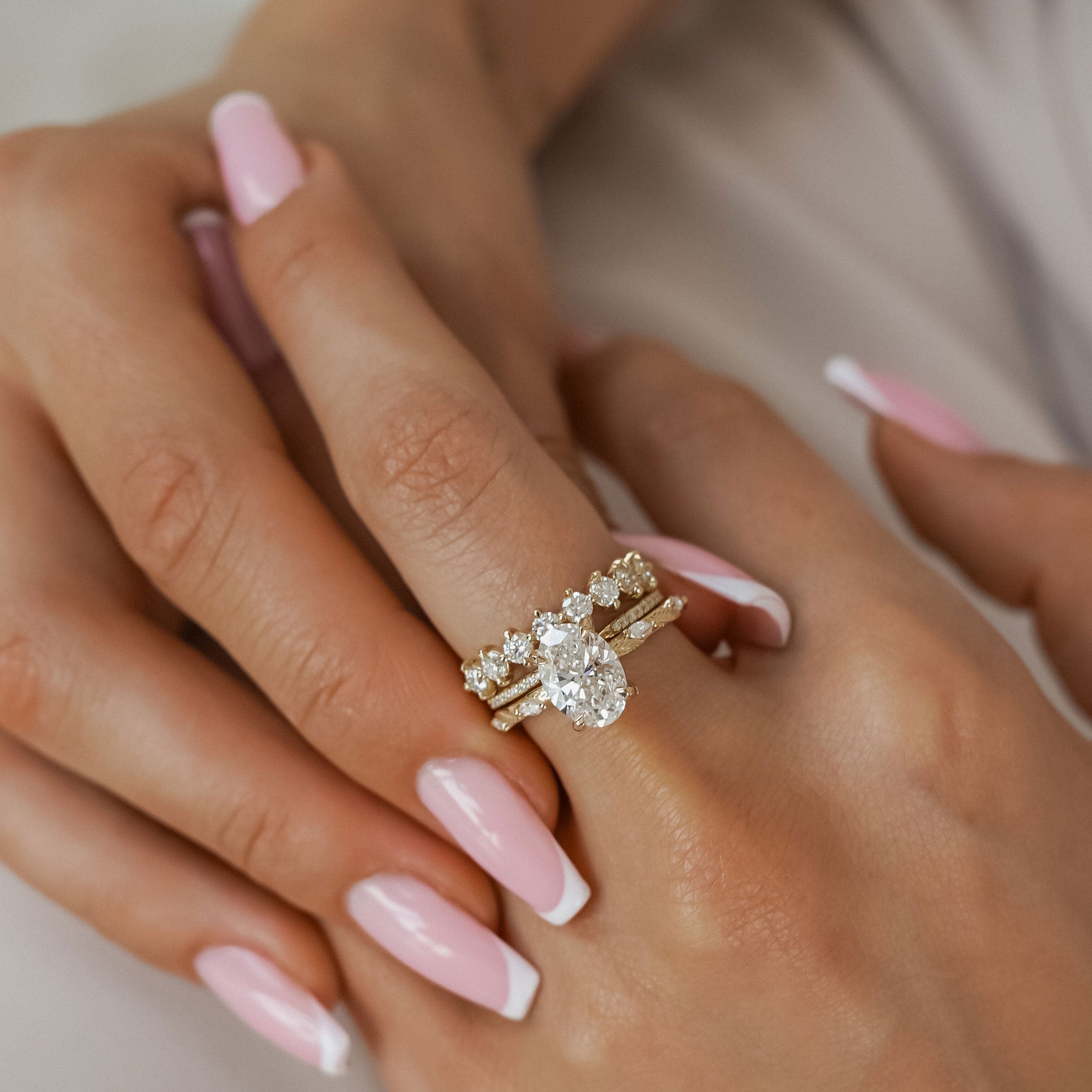 Brooke Oval Cut Leaf Hidden Halo Engagement Ring, Moissanite/Lab Grown Diamond