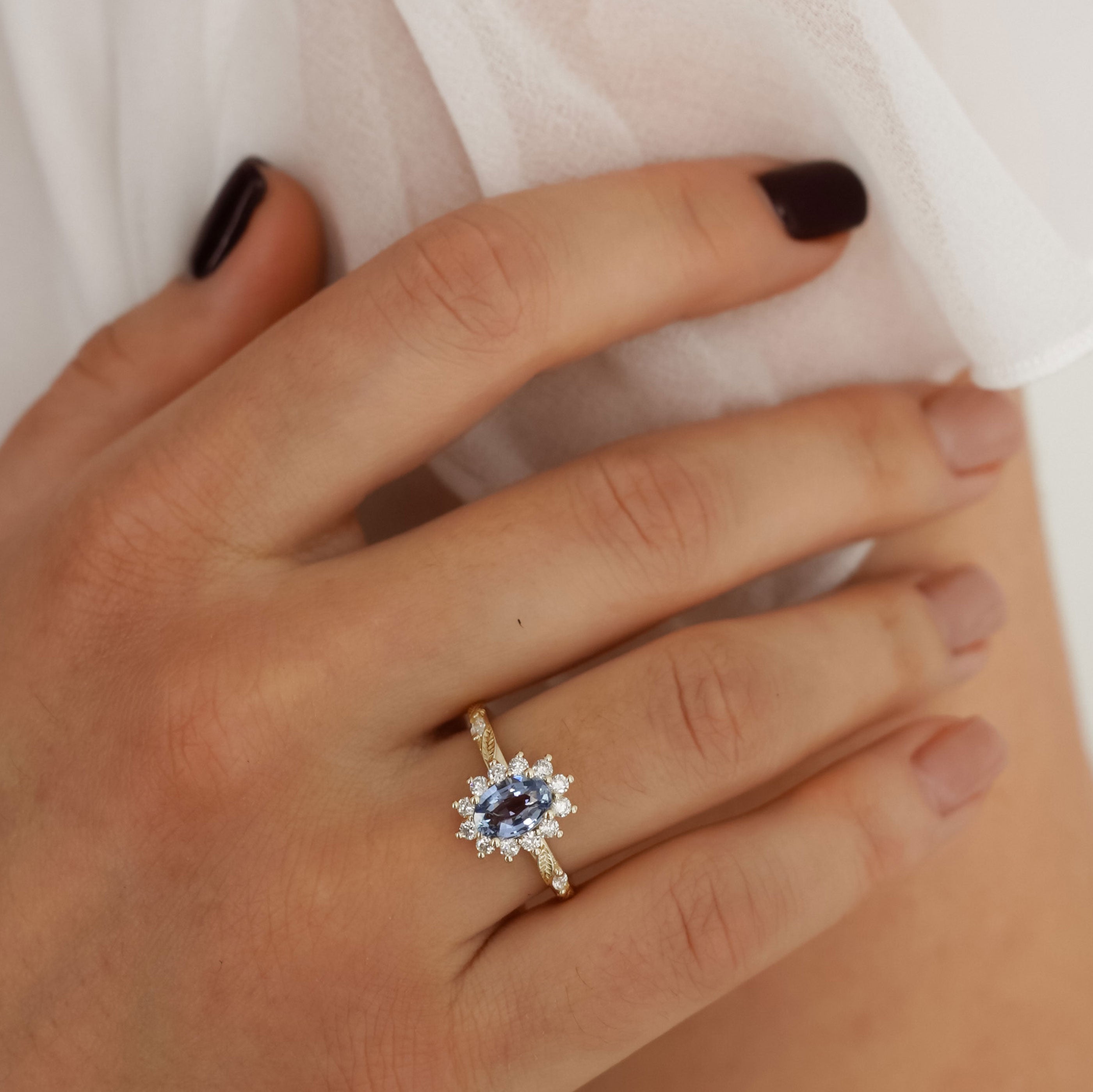 Brooke Oval Blue Sapphire Halo Engagement Ring, Marquise Leaf Band