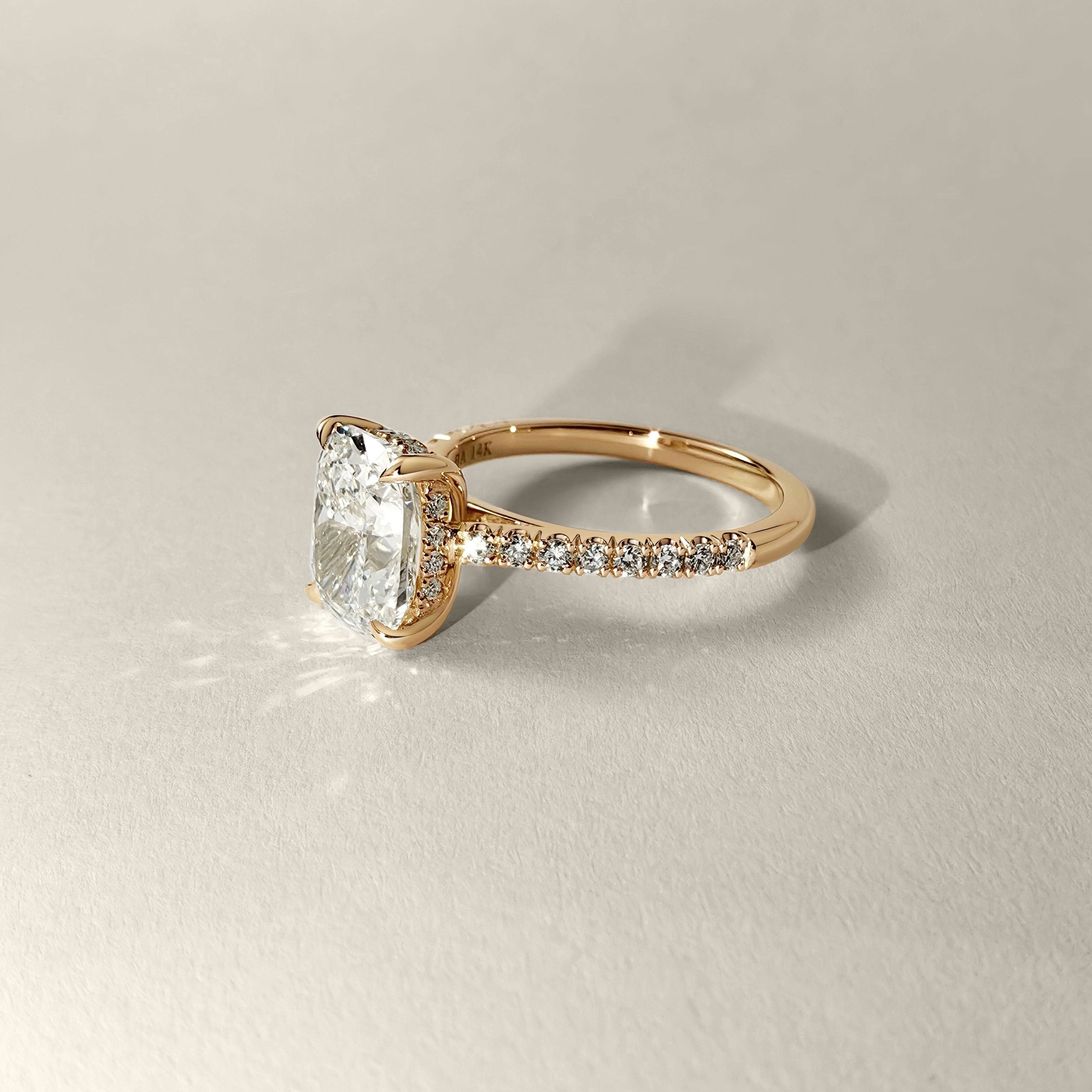 Riley Elongated Cushion Hidden Halo Engagement Ring, Cathedral w/ Pavé Band