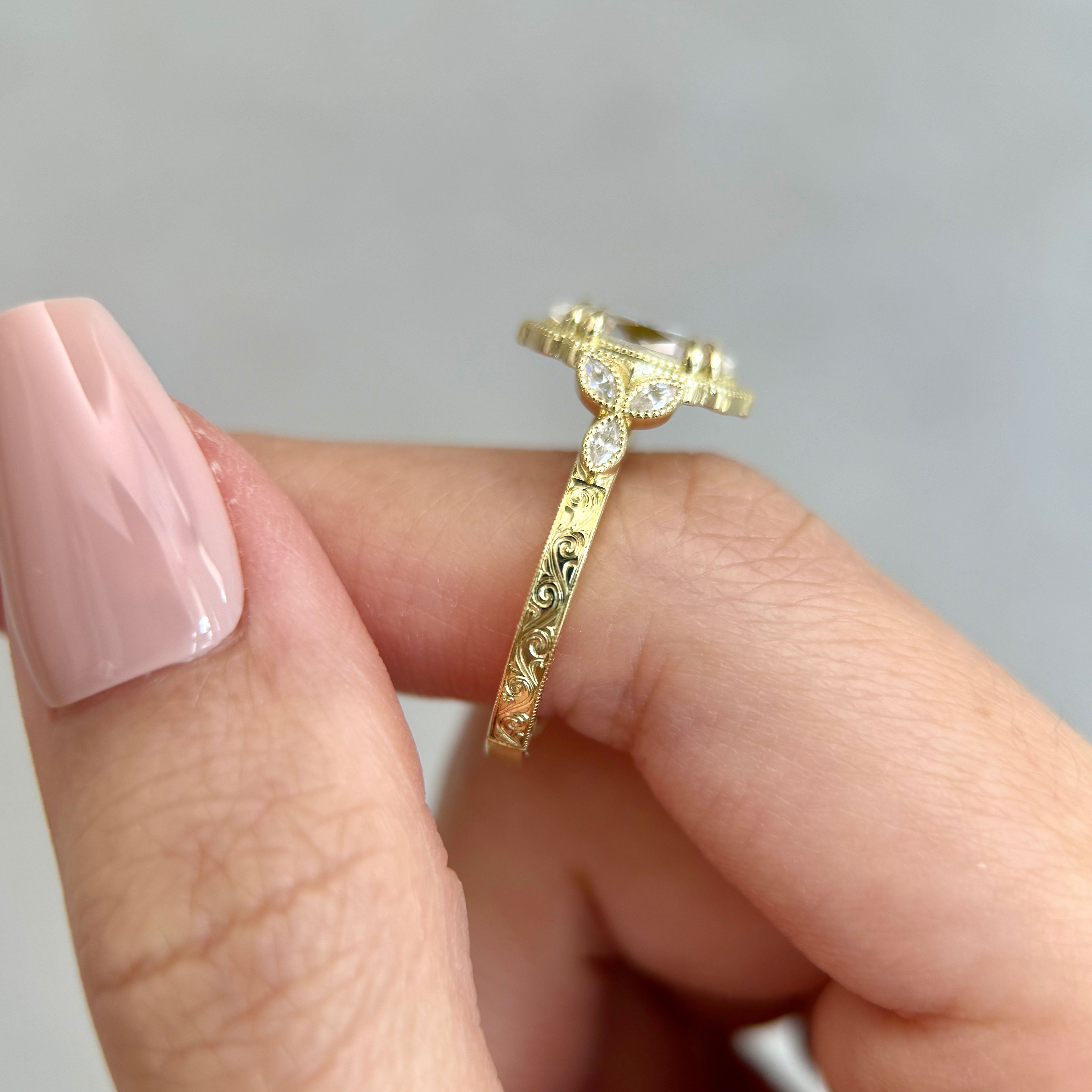 Bespoke #9168 - Custom Vintage Milgrain Marquise Engagement Ring, 3 Side Hand Engraving