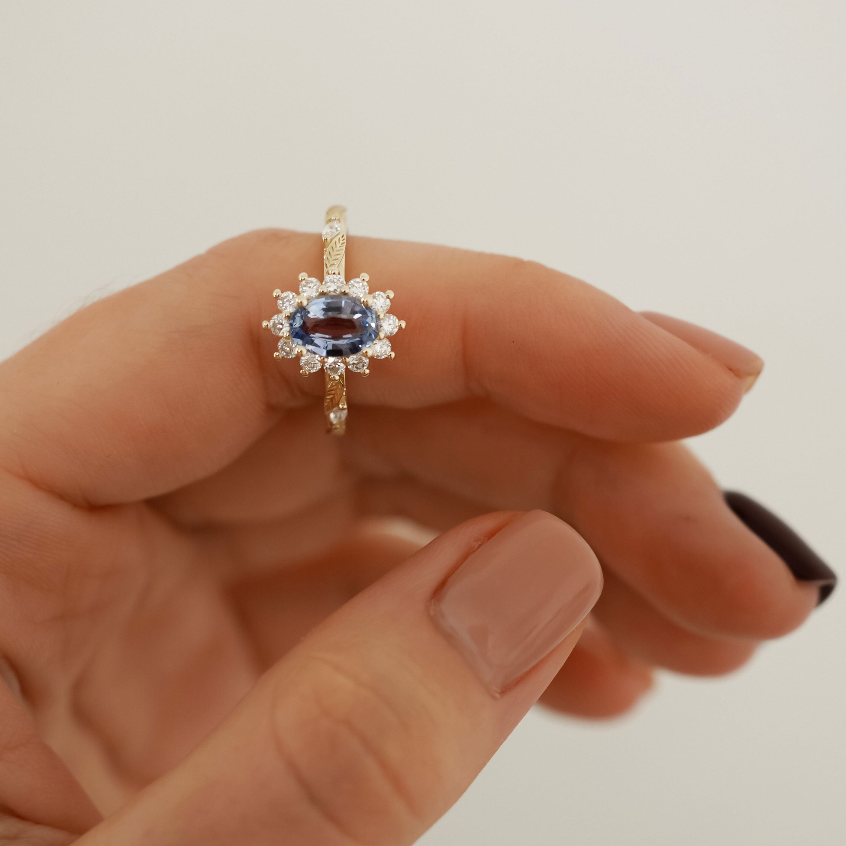 Brooke Oval Blue Sapphire Halo Engagement Ring, Marquise Leaf Band