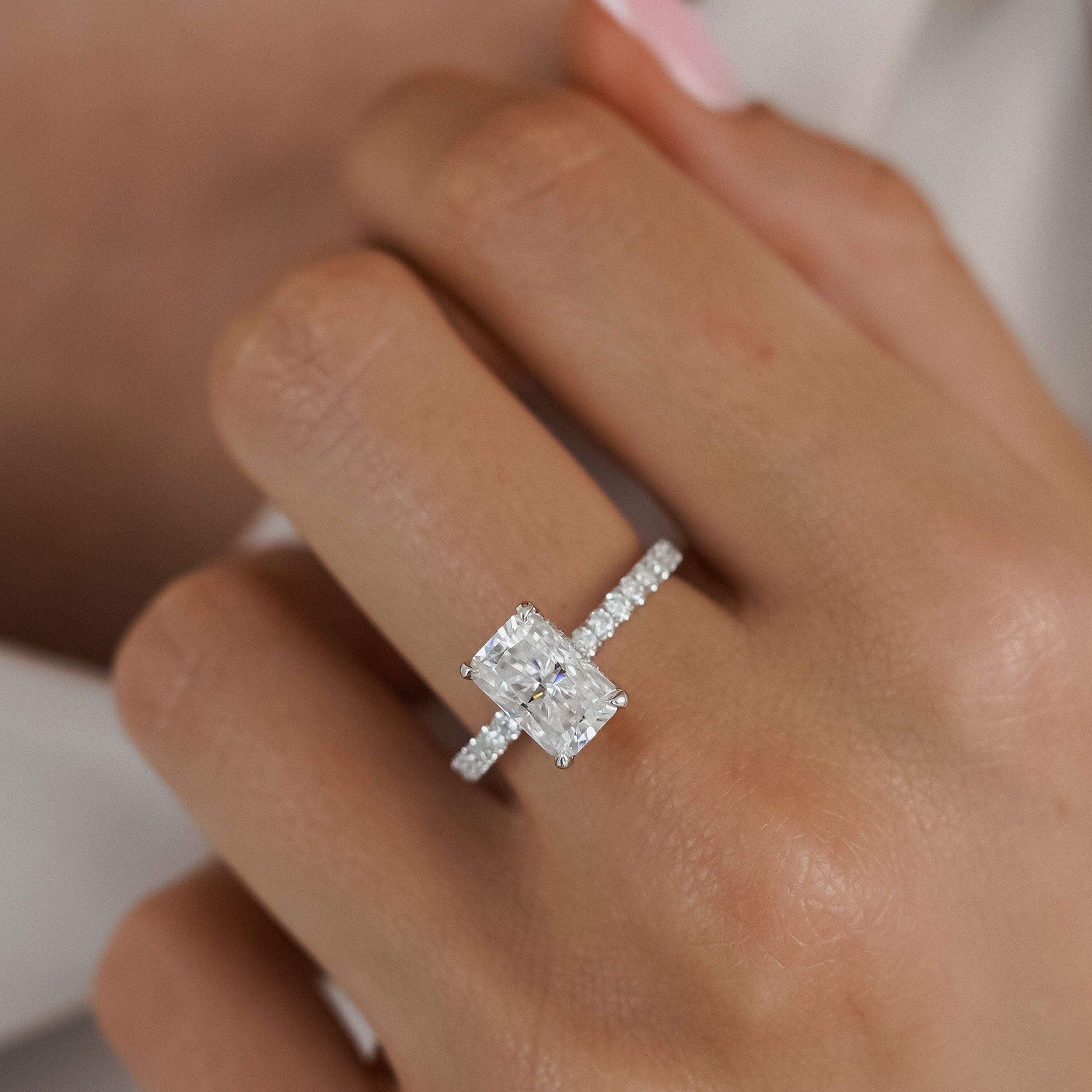 Lily Radiant Double Hidden Halo Engagement Ring, Moissanite/Lab Grown Diamond