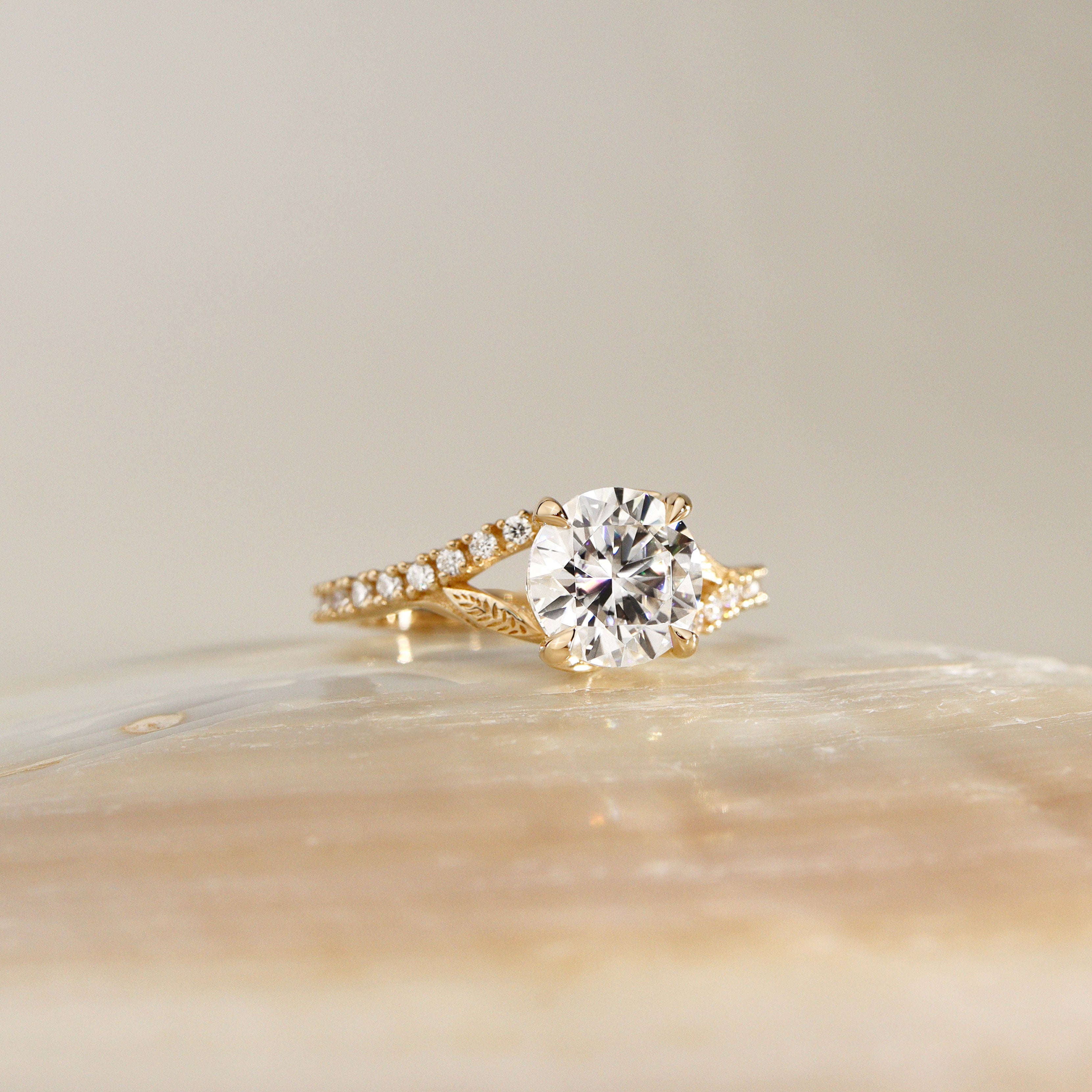 Evelina Round Cut Leaf Split Shank Engagement Ring, Moissanite/Lab Grown Diamond