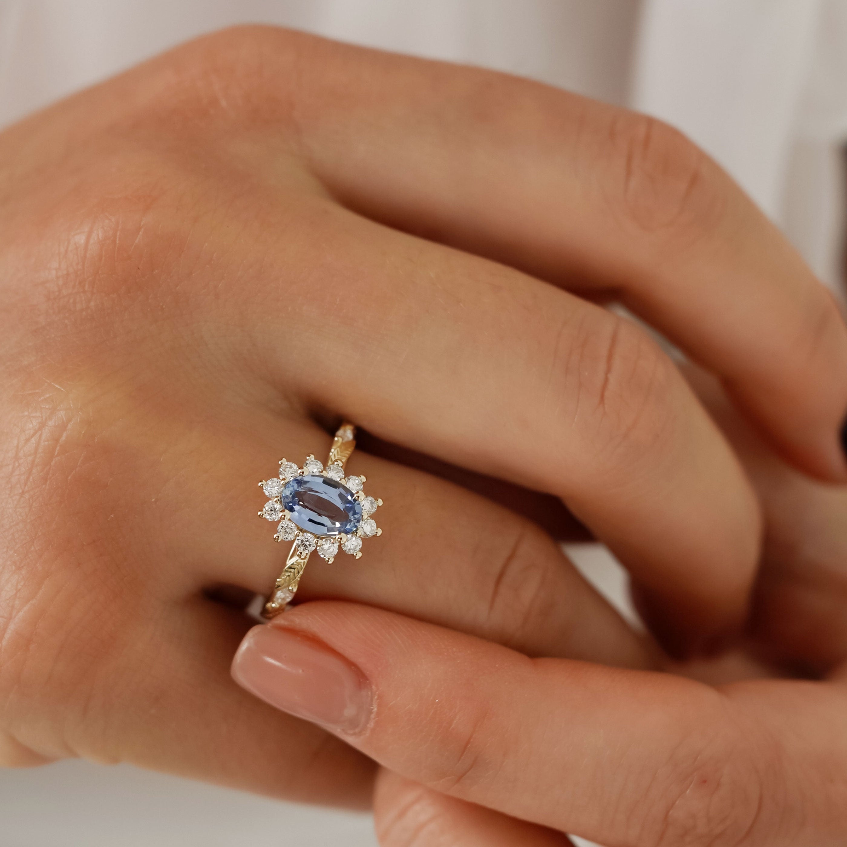 Brooke Oval Blue Sapphire Halo Engagement Ring, Marquise Leaf Band