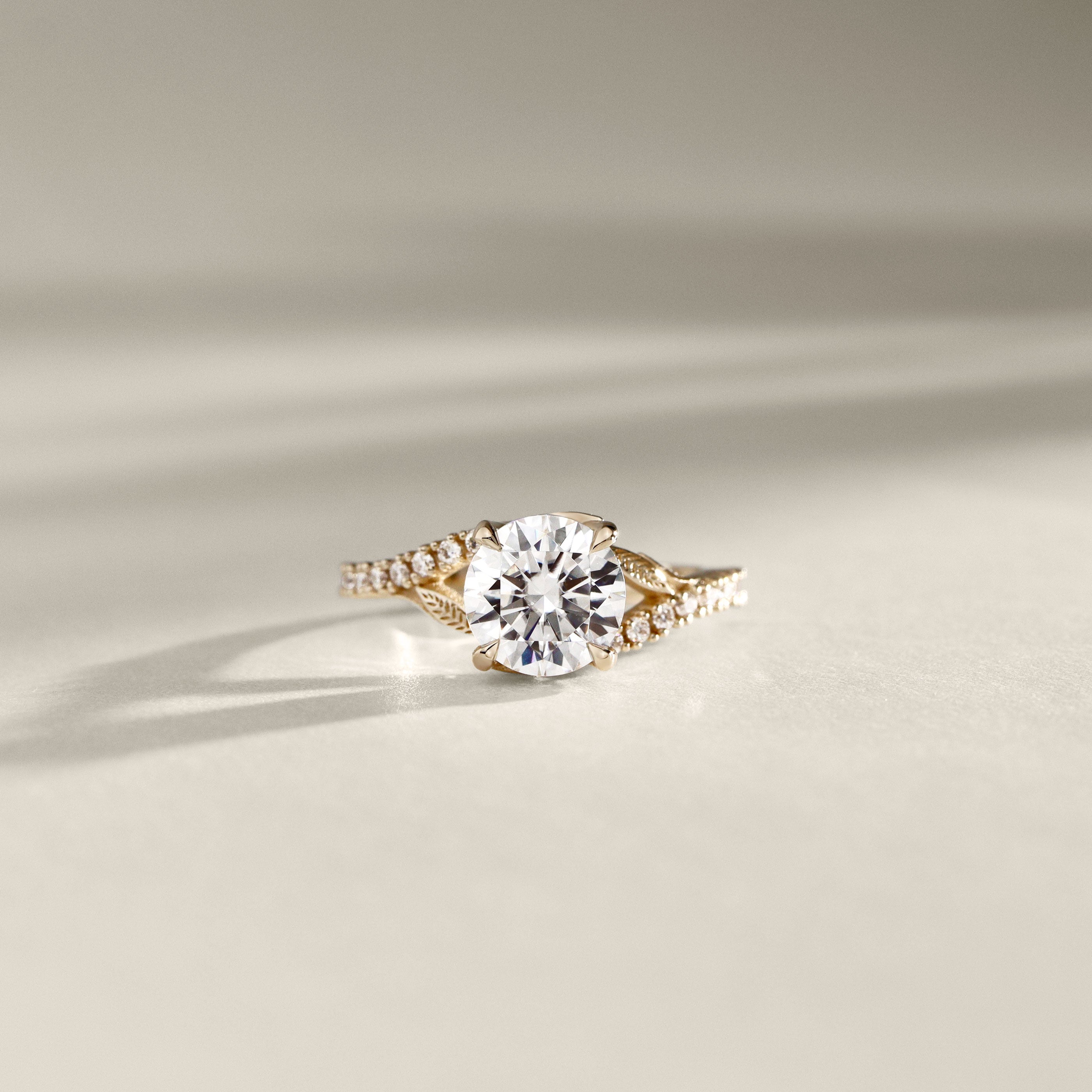 Evelina Round Cut Leaf Split Shank Engagement Ring, Moissanite/Lab Grown Diamond