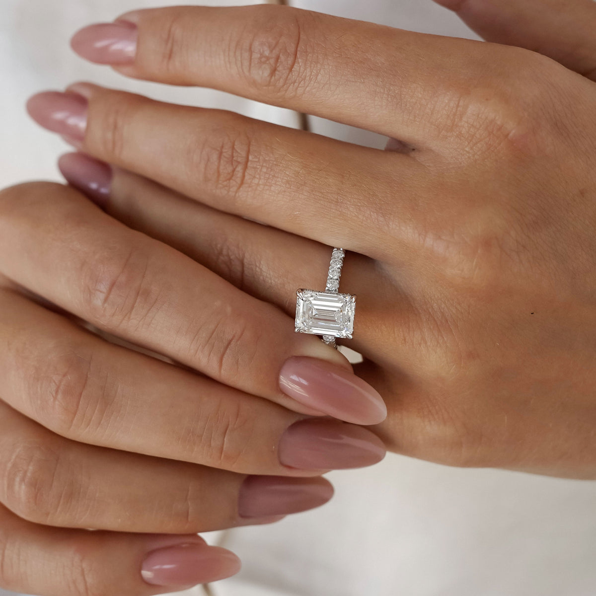 Lily Emerald Double Hidden Halo Engagement Ring, Moissanite/Lab Grown Diamond