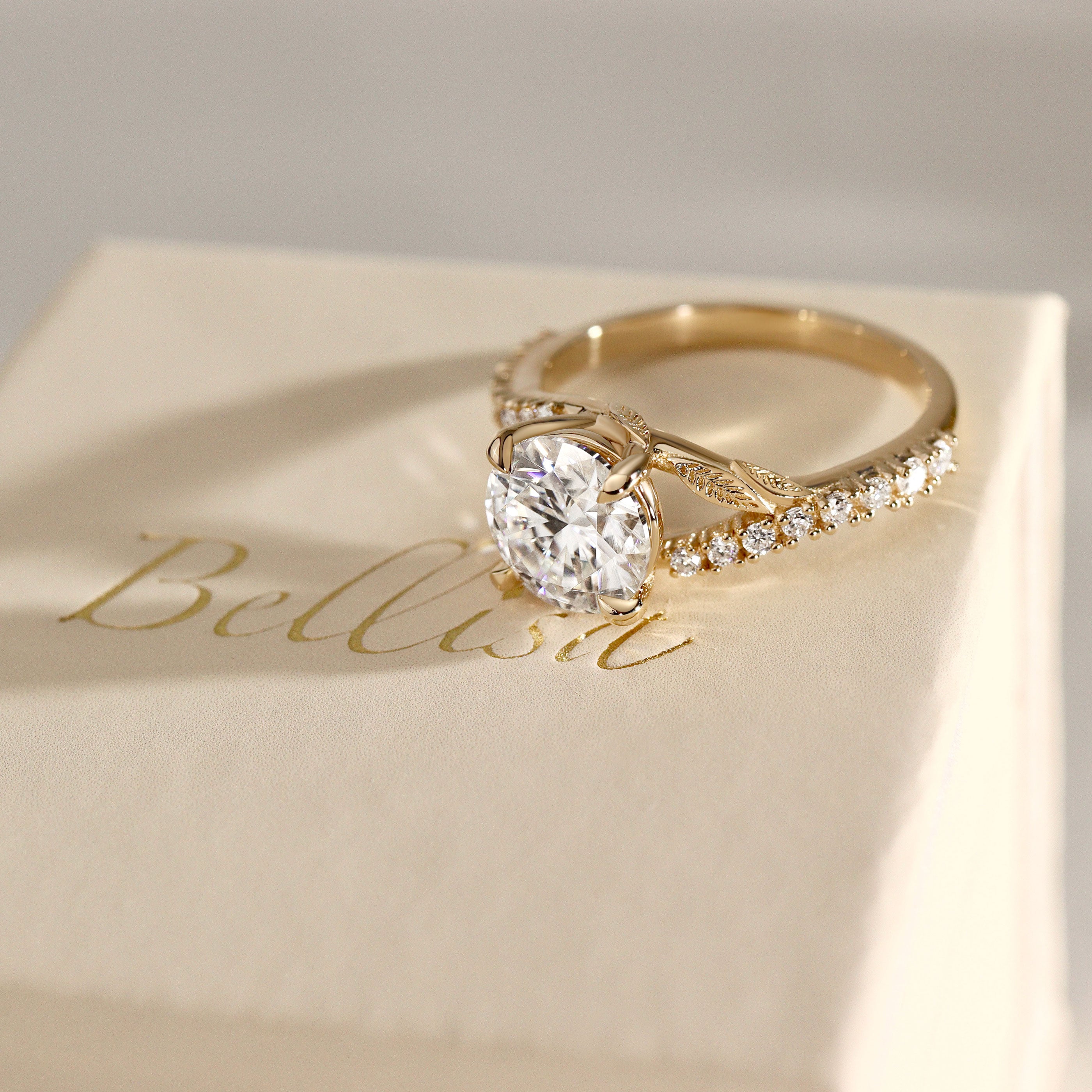 Evelina Round Cut Leaf Split Shank Engagement Ring, Moissanite/Lab Grown Diamond